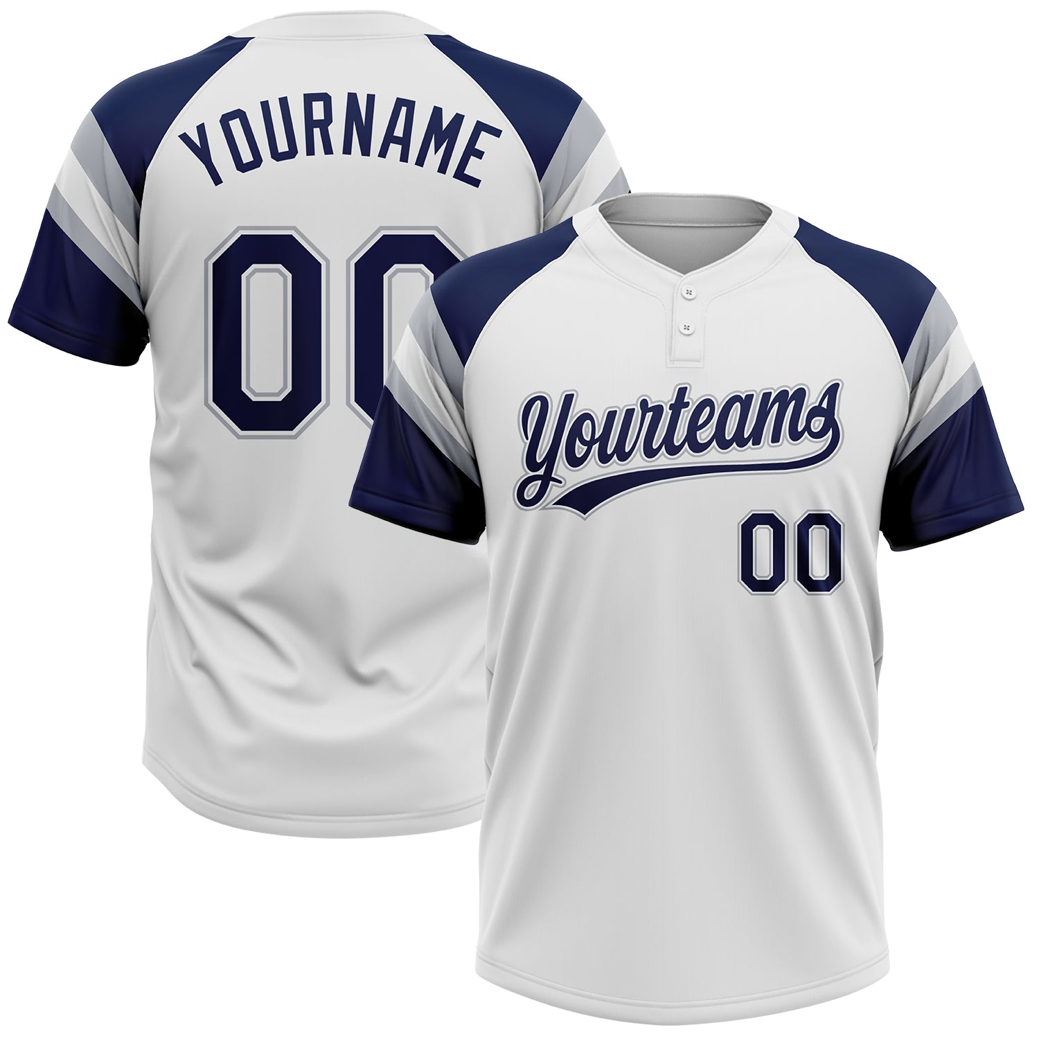 Custom White Navy-Gray Raglan Sleeves Stripes Two-Button Unisex Softball Jersey