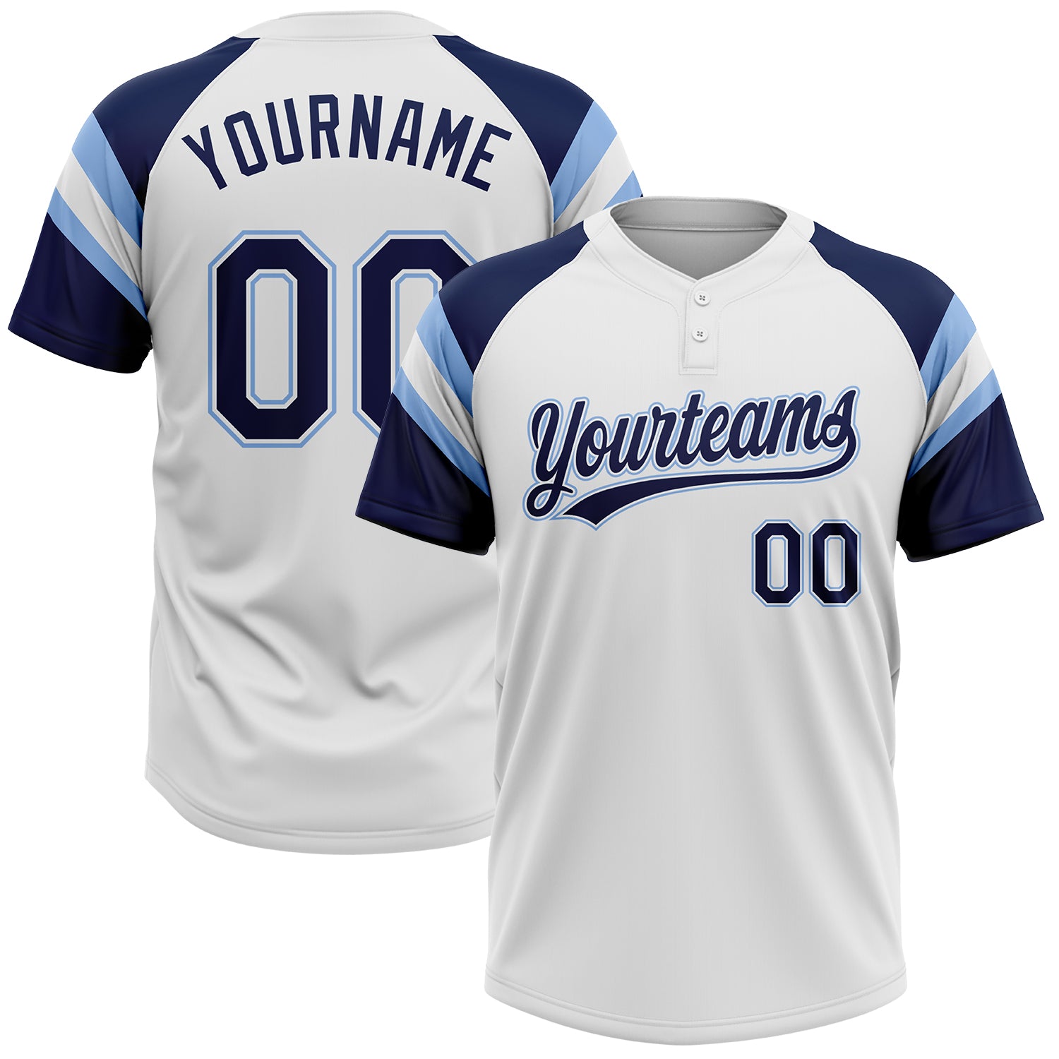 Custom White Navy-Light Blue Raglan Sleeves Stripes Two-Button Unisex Softball Jersey