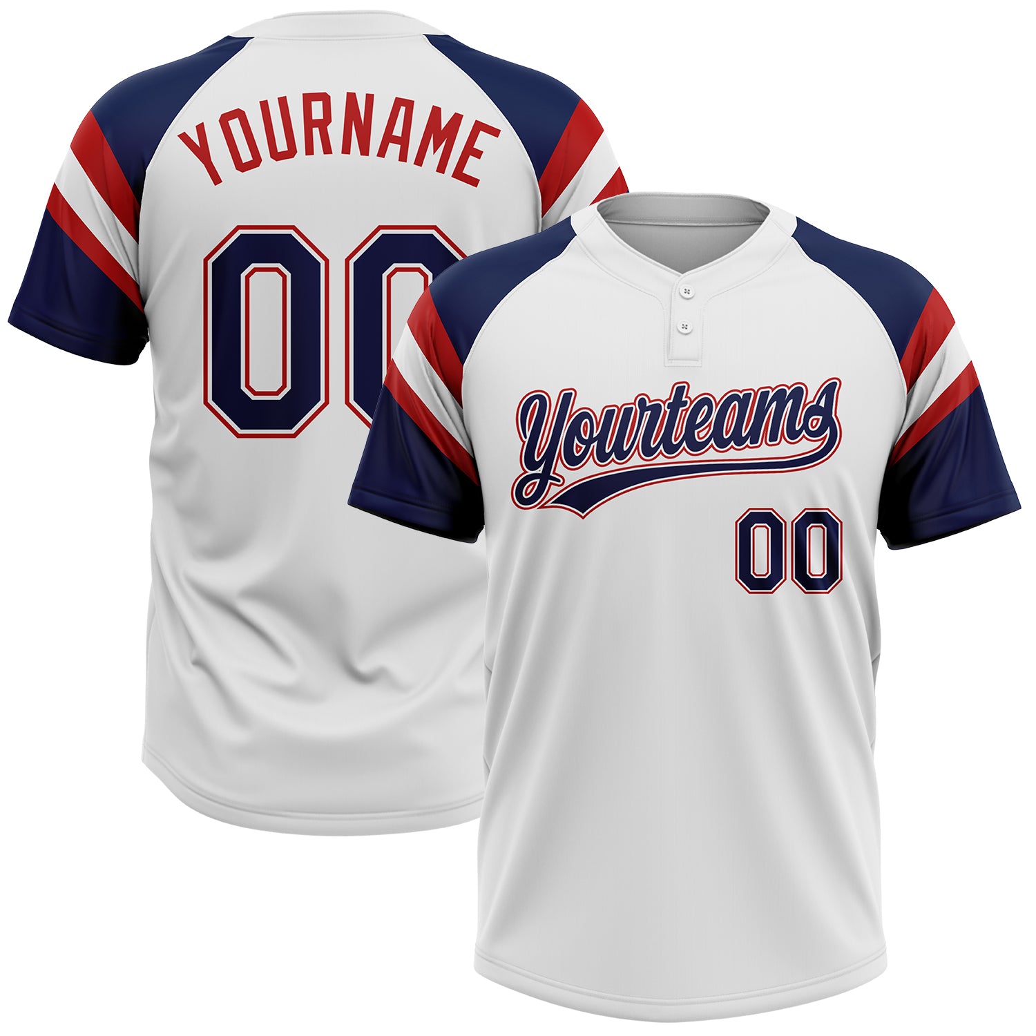 Custom White Navy-Red Raglan Sleeves Stripes Two-Button Unisex Softball Jersey