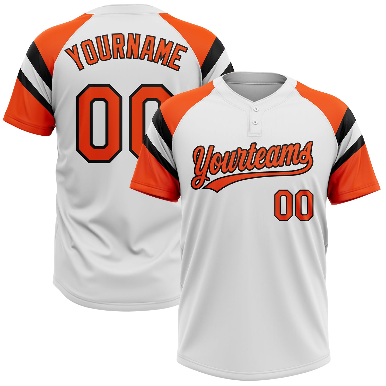 Custom White Orange-Black Raglan Sleeves Stripes Two-Button Unisex Softball Jersey