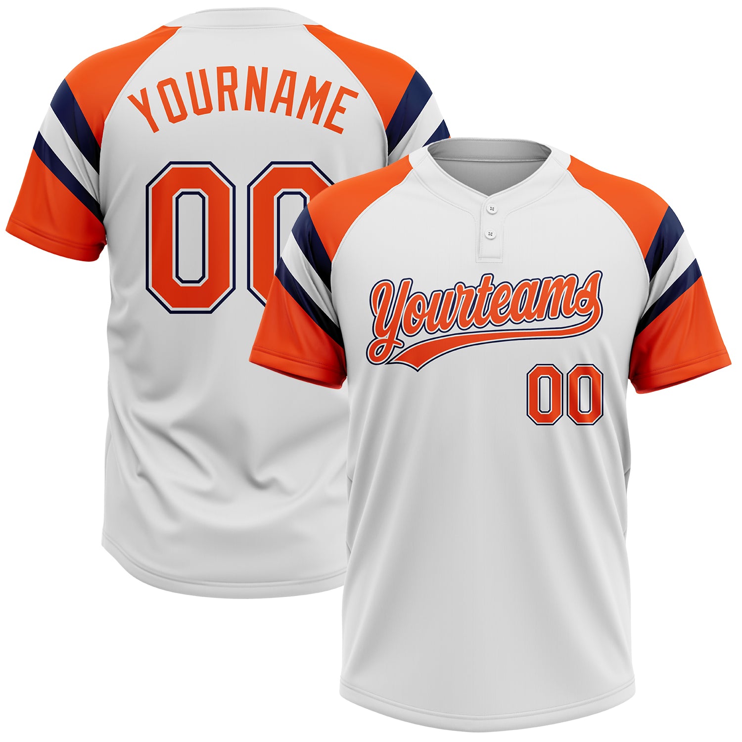 Custom White Orange-Navy Raglan Sleeves Stripes Two-Button Unisex Softball Jersey