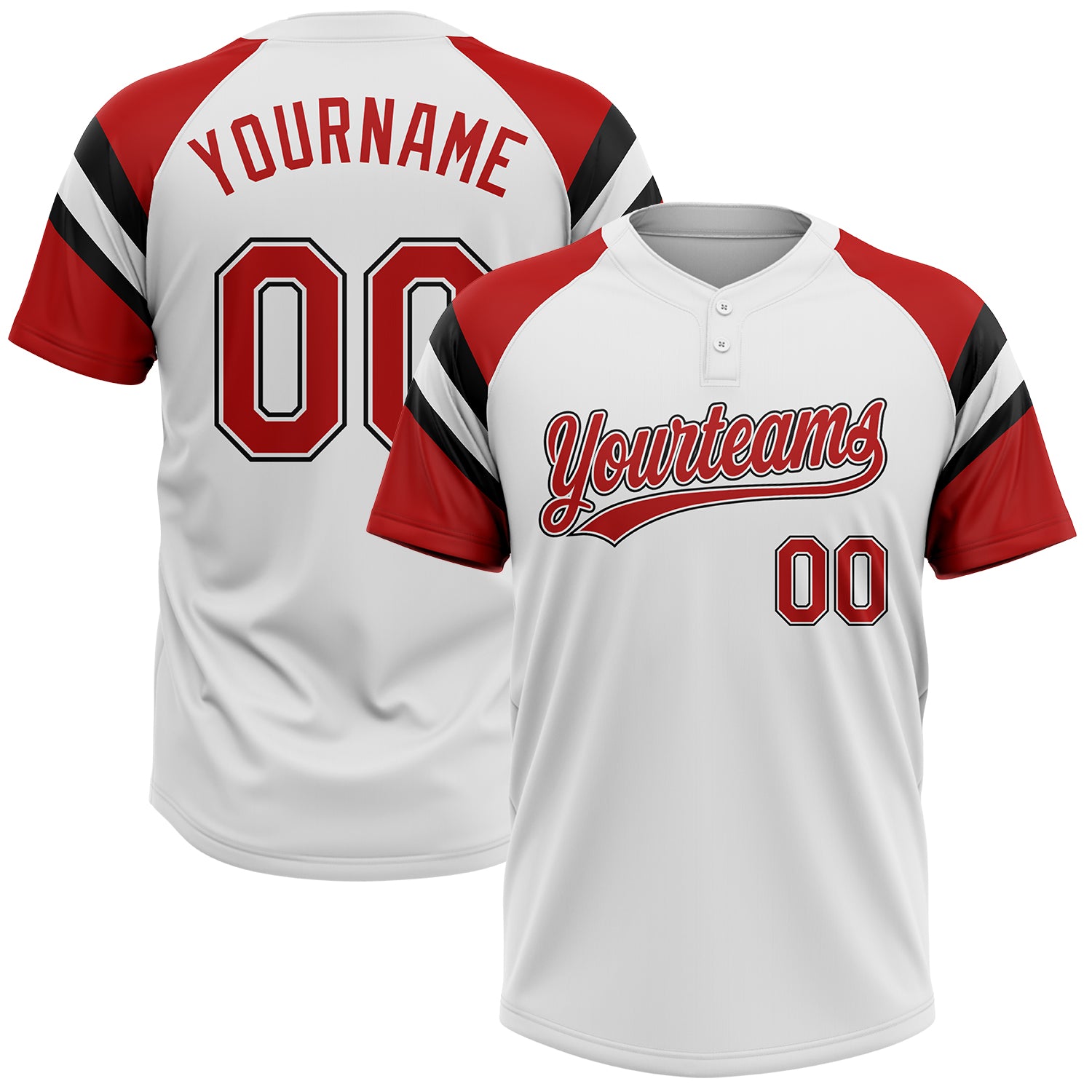 Custom White Red-Black Raglan Sleeves Stripes Two-Button Unisex Softball Jersey