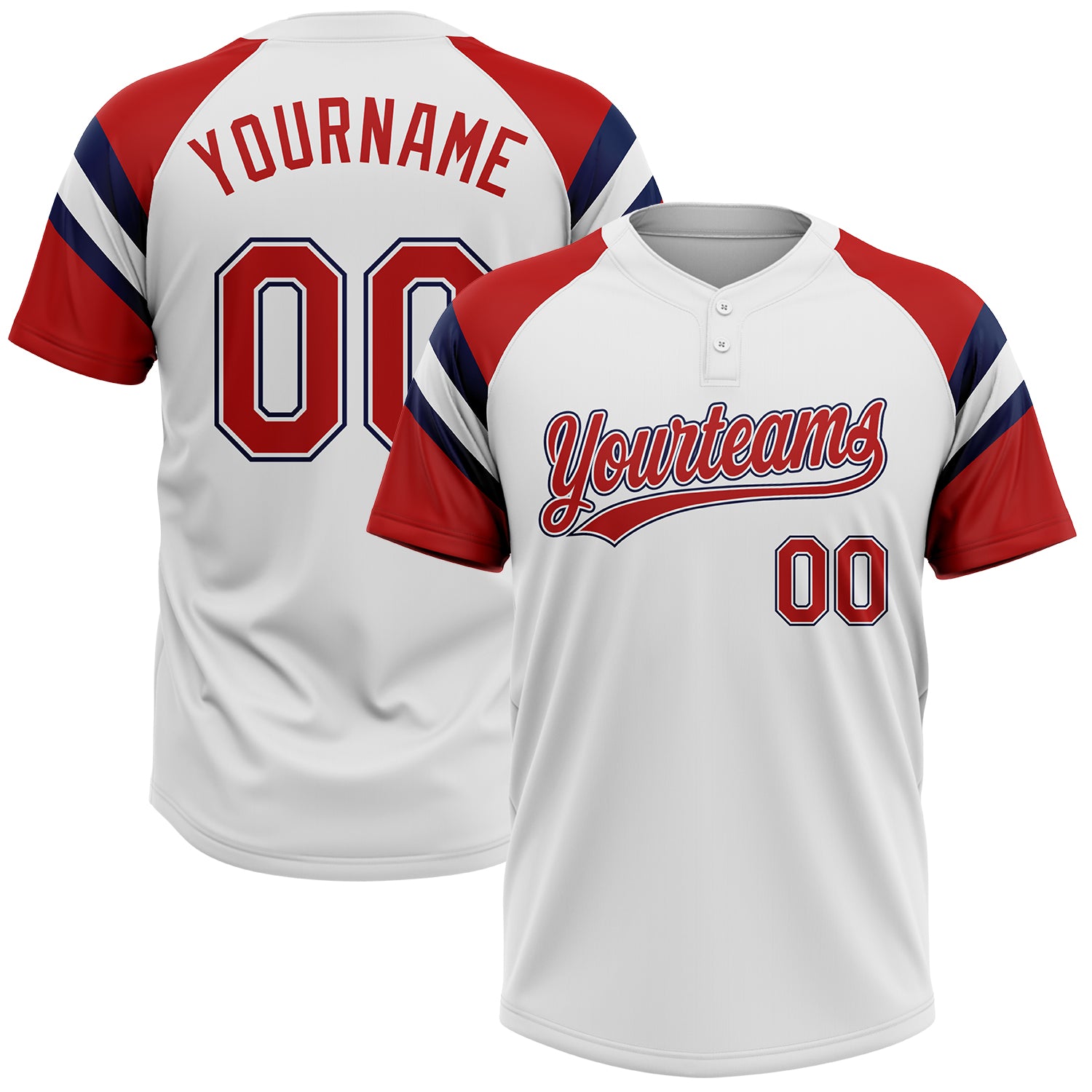 Custom White Red-Navy Raglan Sleeves Stripes Two-Button Unisex Softball Jersey