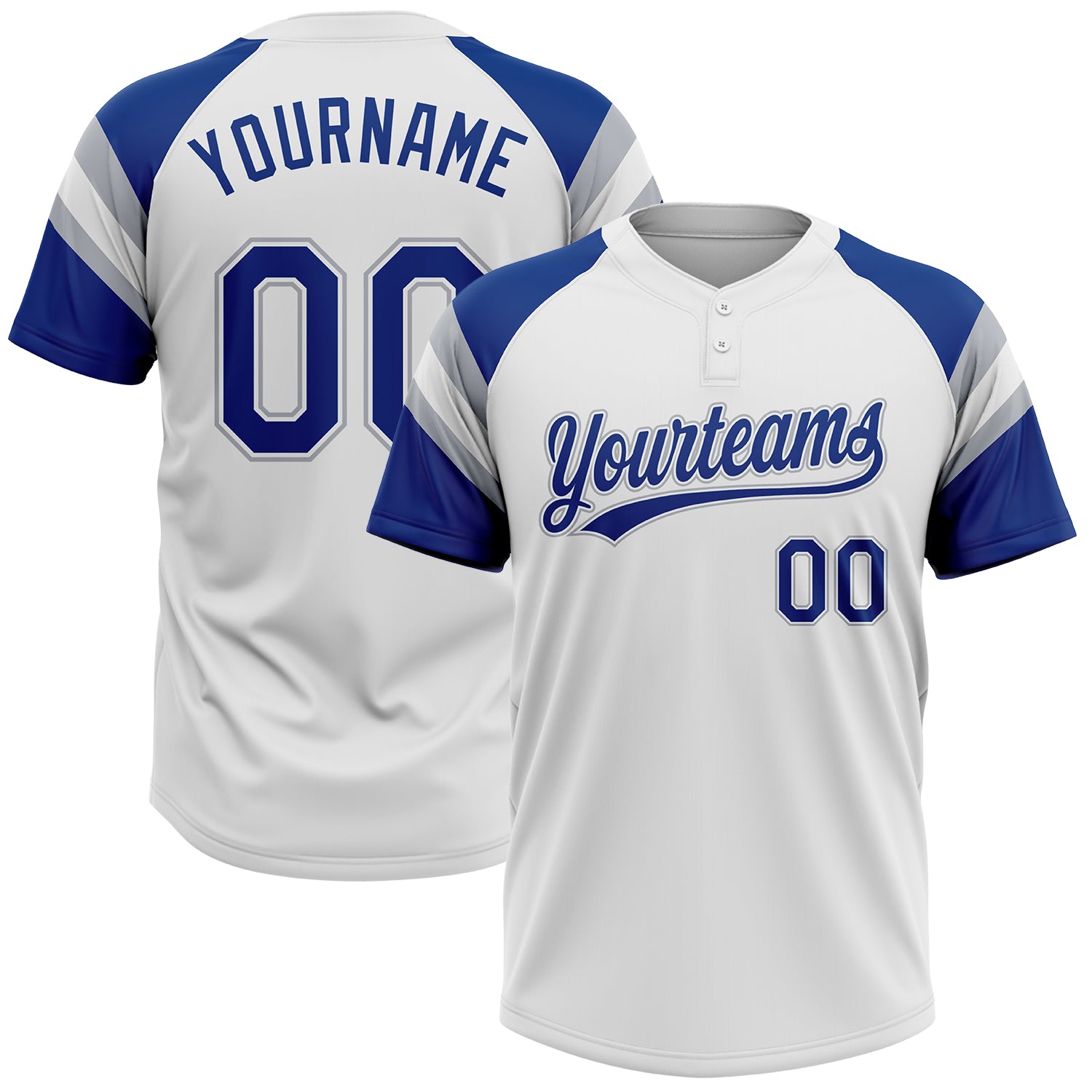 Custom White Royal-Gray Raglan Sleeves Stripes Two-Button Unisex Softball Jersey