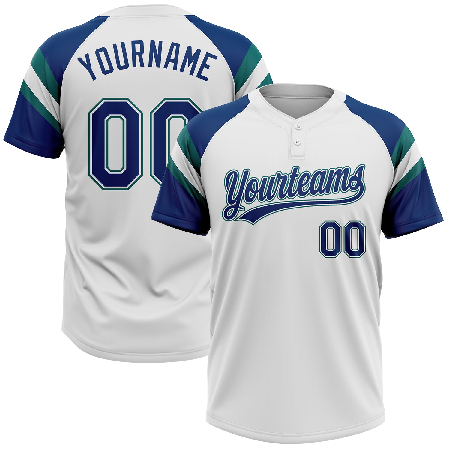 Custom White US Navy Blue-Teal Raglan Sleeves Stripes Two-Button Unisex Softball Jersey