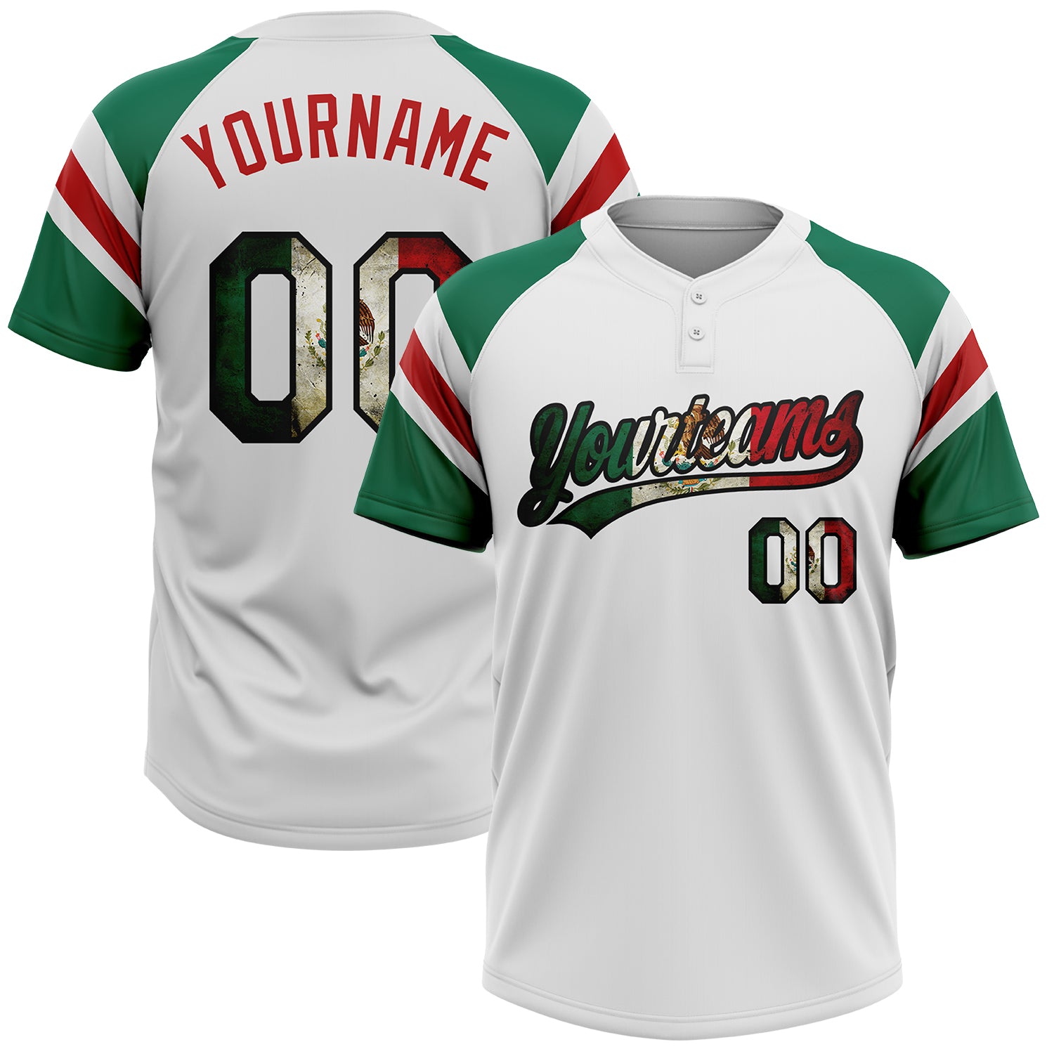 Custom White Vintage Mexican Flag Kelly Green Black-Red Raglan Sleeves Stripes Two-Button Unisex Softball Jersey
