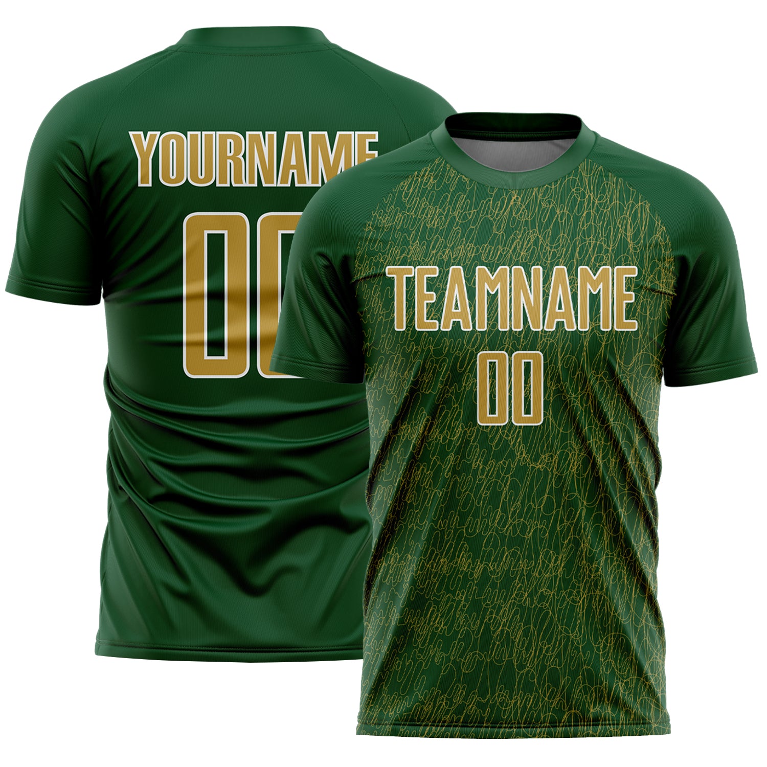 Custom Green Old Gold-White Abstract Scribble Curve Line Pattern Sports Sublimation Soccer Uniform Jersey