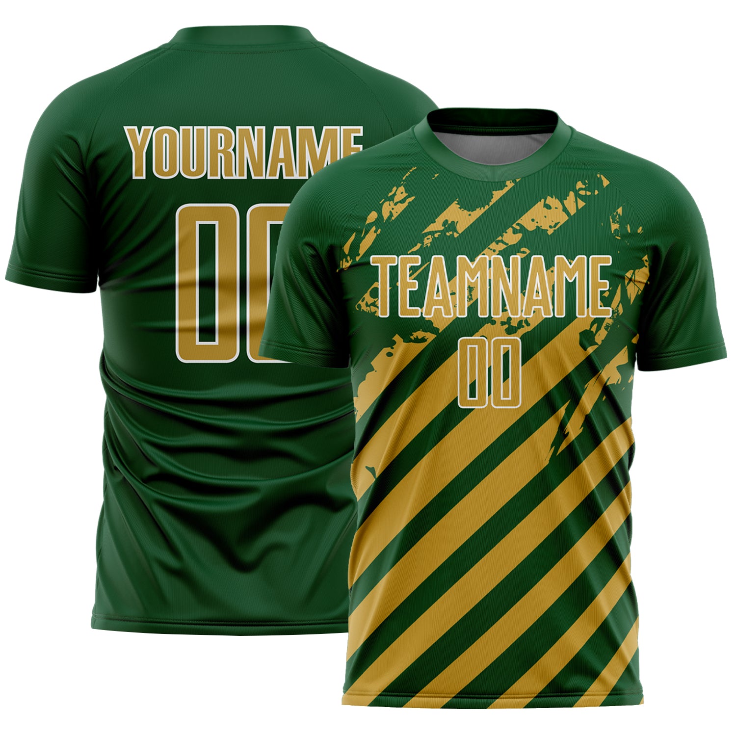 Custom Green Old Gold-White Distressed Diagonal Stripe Pattern Sports Sublimation Soccer Uniform Jersey