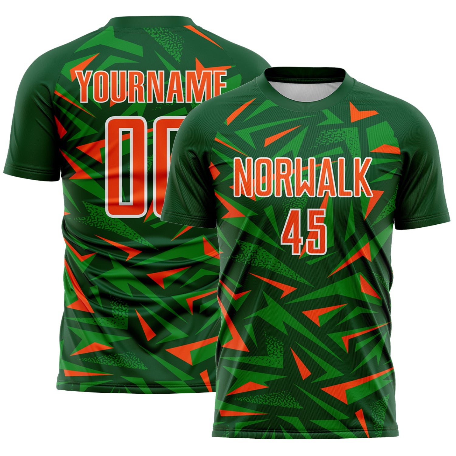Custom Green Orange Grass Green-White Cyber Mecha E-sport Geometric Shards Spike Sublimation Soccer Uniform Jersey
