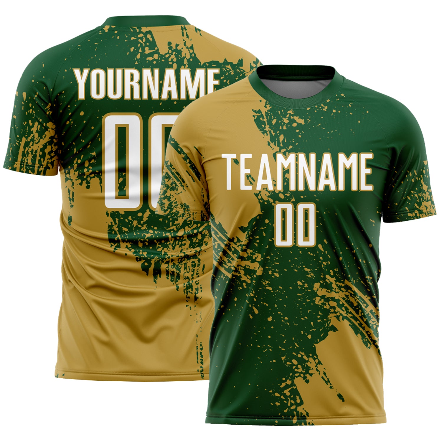 Custom Green White-Old Gold Abstract Brush Stroke Sports Sublimation Soccer Uniform Jersey