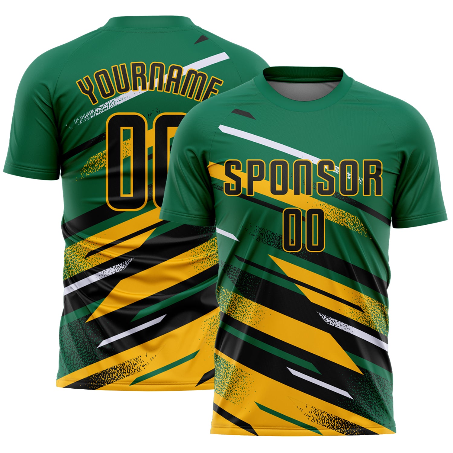 Custom Kelly Green Black Gold-White Grunge Stripe And Grainy Sports Sublimation Soccer Uniform Jersey