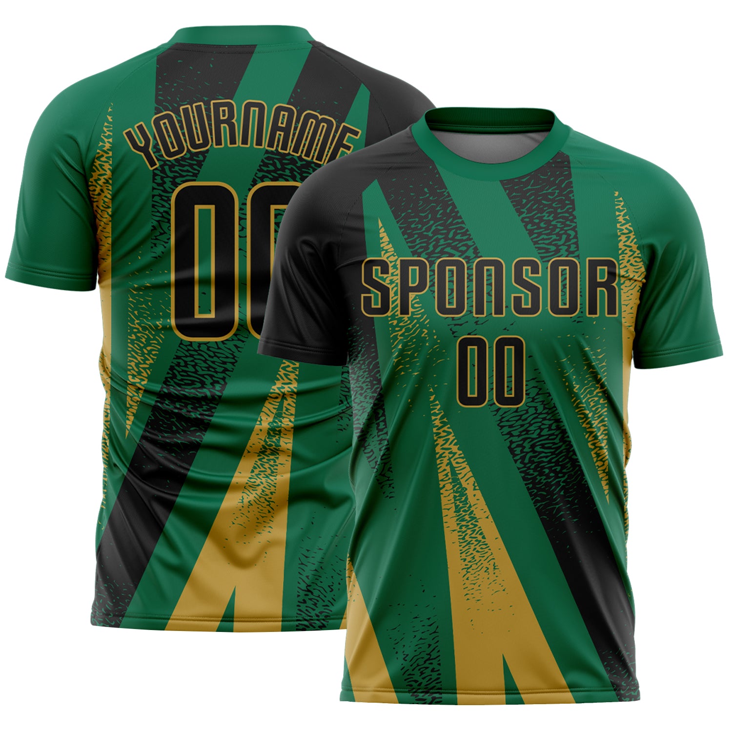 Custom Kelly Green Black-Old Gold Radial Burst Sports Sublimation Soccer Uniform Jersey