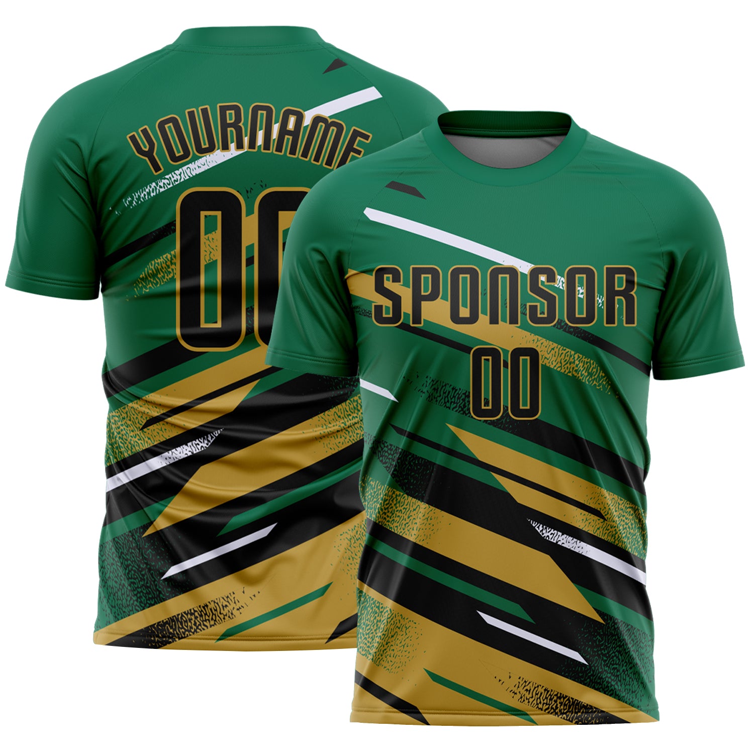 Custom Kelly Green Black Old Gold-White Grunge Stripe And Grainy Sports Sublimation Soccer Uniform Jersey