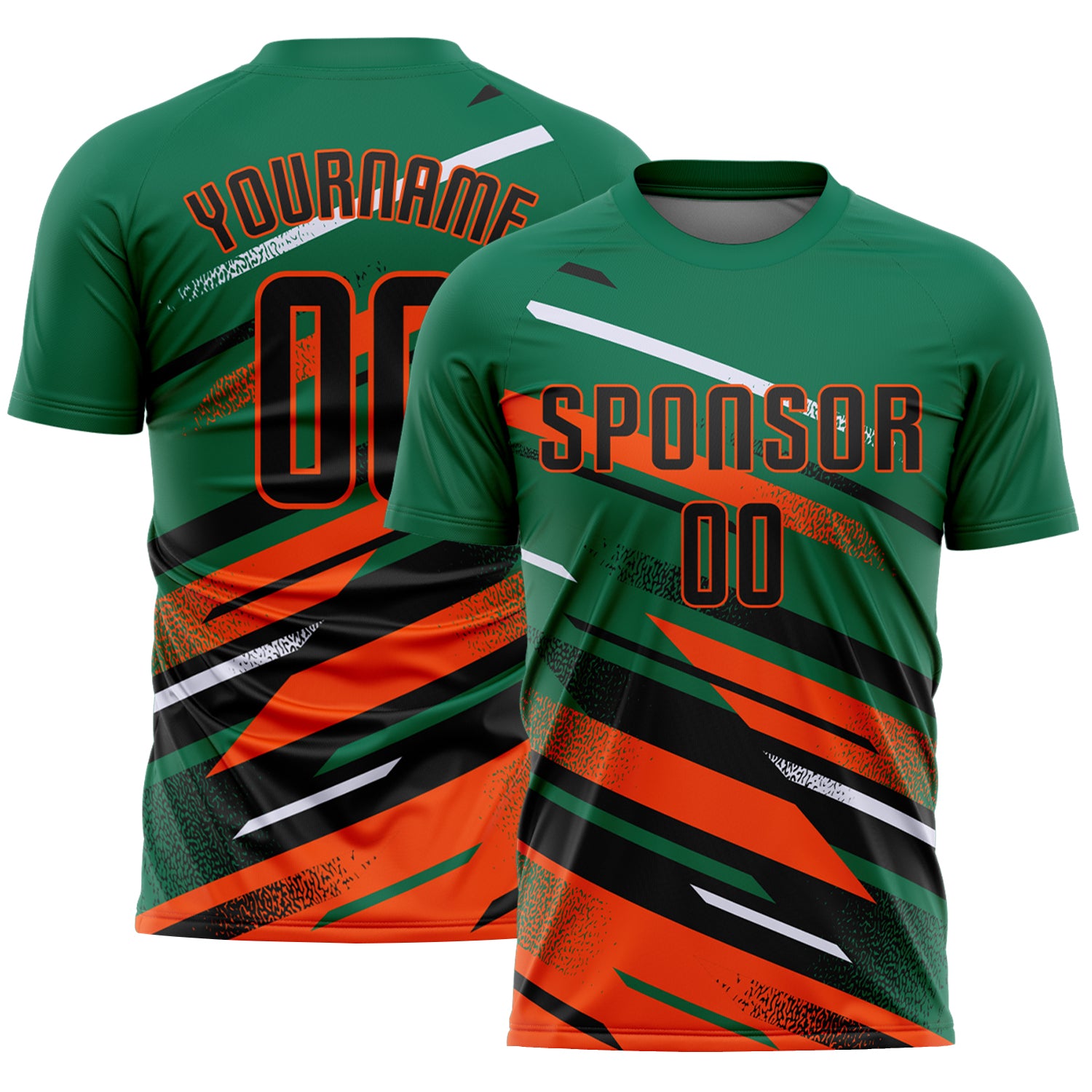Custom Kelly Green Black Orange-White Grunge Stripe And Grainy Sports Sublimation Soccer Uniform Jersey