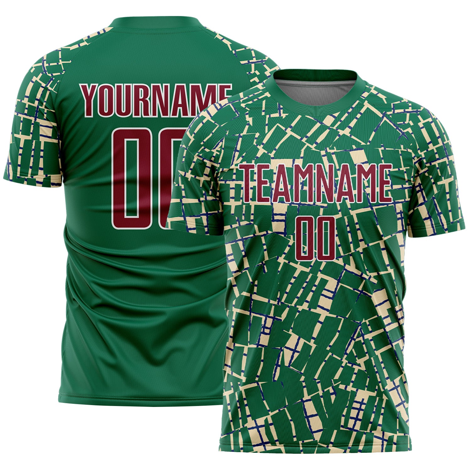 Custom Kelly Green Crimson Cream-White Abstract Line Sports Sublimation Soccer Uniform Jersey