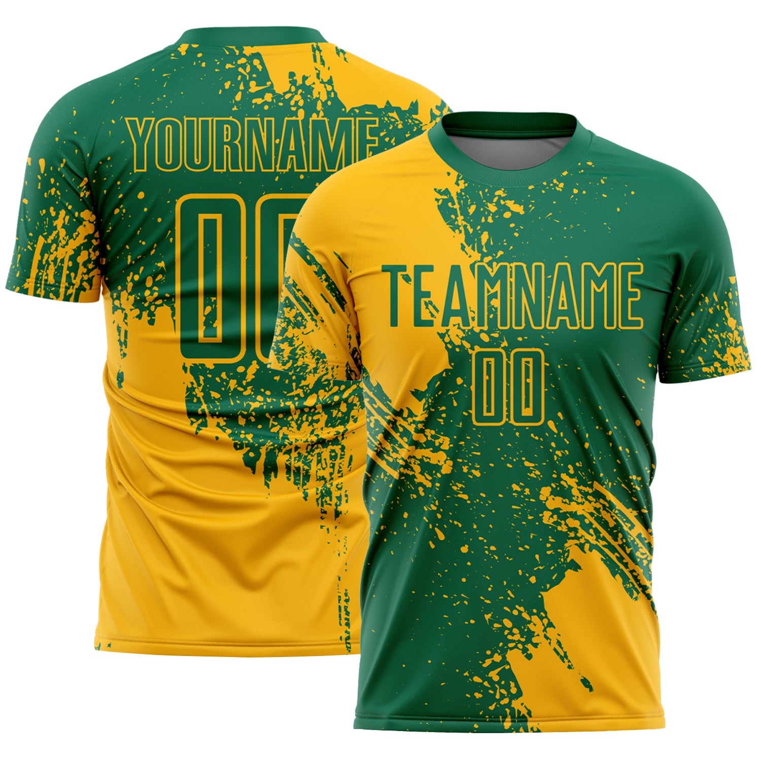 Custom Kelly Green Gold Abstract Brush Stroke Sports Sublimation Soccer Uniform Jersey