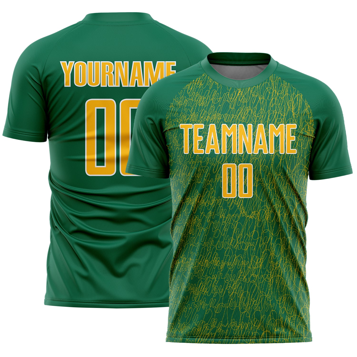 Custom Kelly Green Gold-White Abstract Scribble Curve Line Pattern Sports Sublimation Soccer Uniform Jersey
