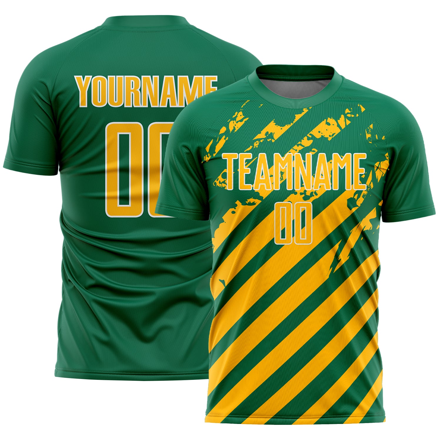Custom Kelly Green Gold-White Distressed Diagonal Stripe Pattern Sports Sublimation Soccer Uniform Jersey