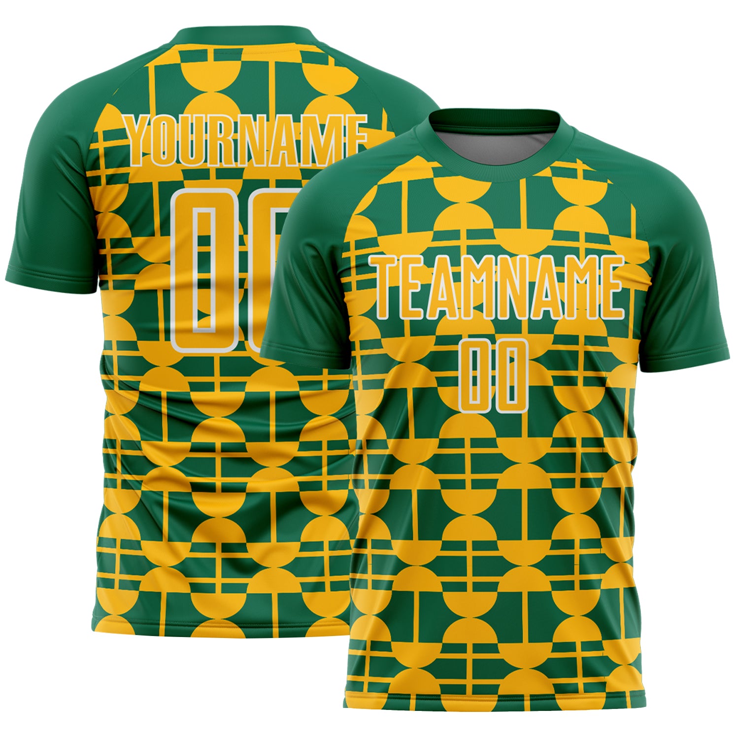 Custom Kelly Green Gold-White Geometric Shapes Sports Sublimation Soccer Uniform Jersey