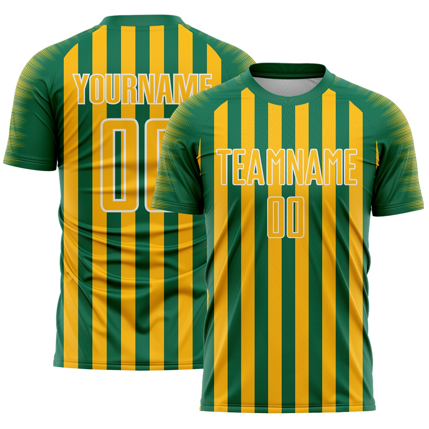 Custom Kelly Green Gold-White Stripe Sports Sublimation Soccer Uniform Jersey