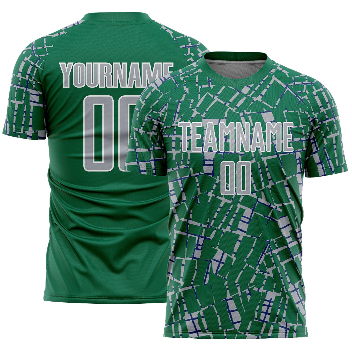 Custom Kelly Green Gray-White Abstract Line Sports Sublimation Soccer Uniform Jersey