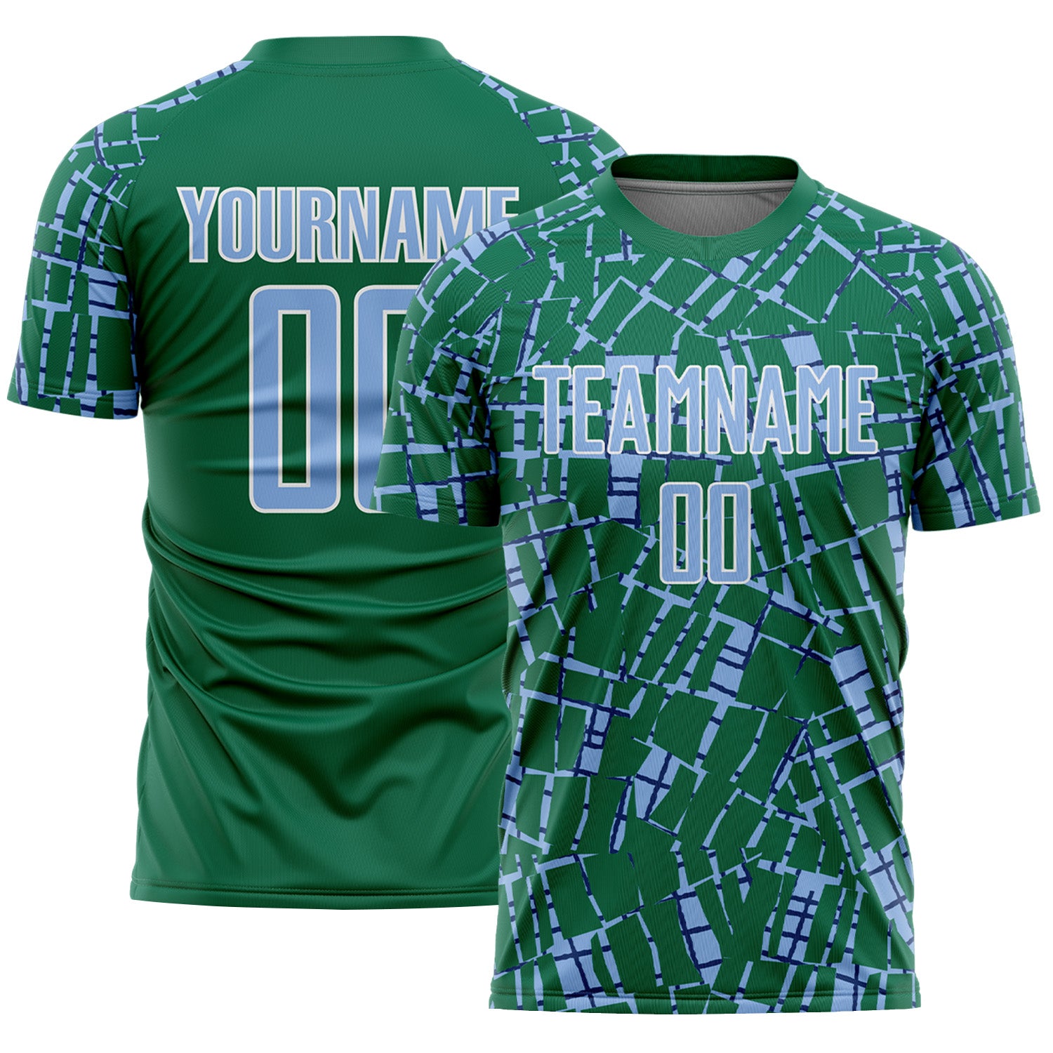 Custom Kelly Green Light Blue-White Abstract Line Sports Sublimation Soccer Uniform Jersey
