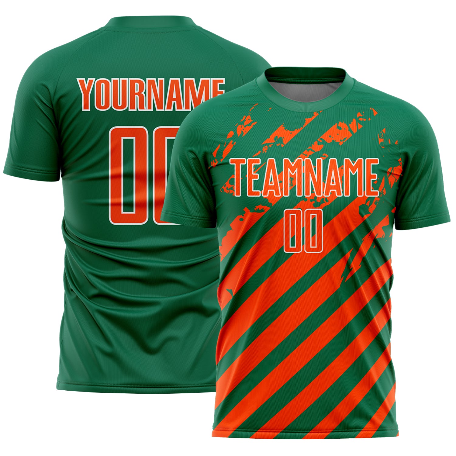 Custom Kelly Green Orange-White Distressed Diagonal Stripe Pattern Sports Sublimation Soccer Uniform Jersey
