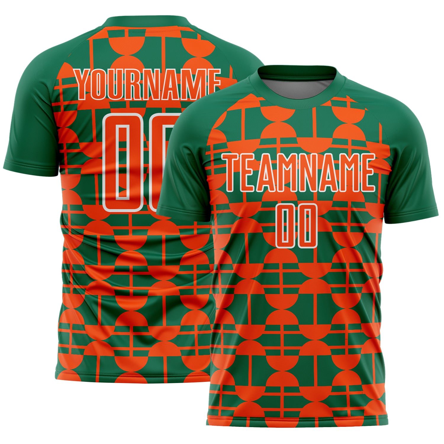 Custom Kelly Green Orange-White Geometric Shapes Sports Sublimation Soccer Uniform Jersey