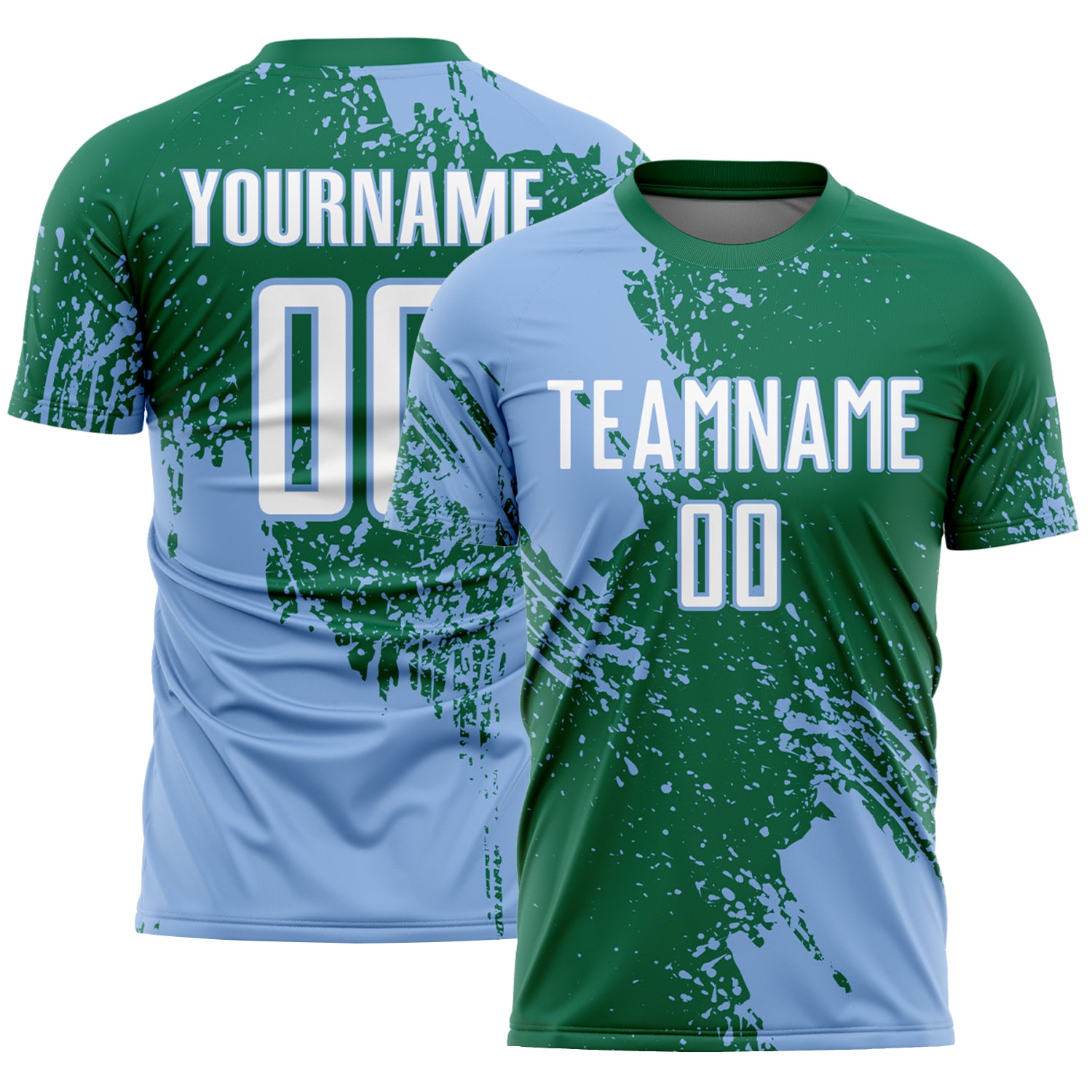 Custom Kelly Green White-Light Blue Abstract Brush Stroke Sports Sublimation Soccer Uniform Jersey