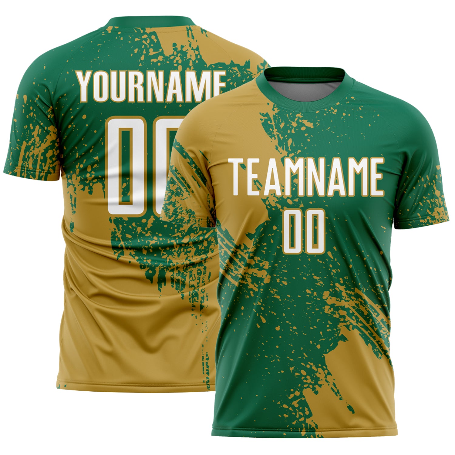 Custom Kelly Green White-Old Gold Abstract Brush Stroke Sports Sublimation Soccer Uniform Jersey