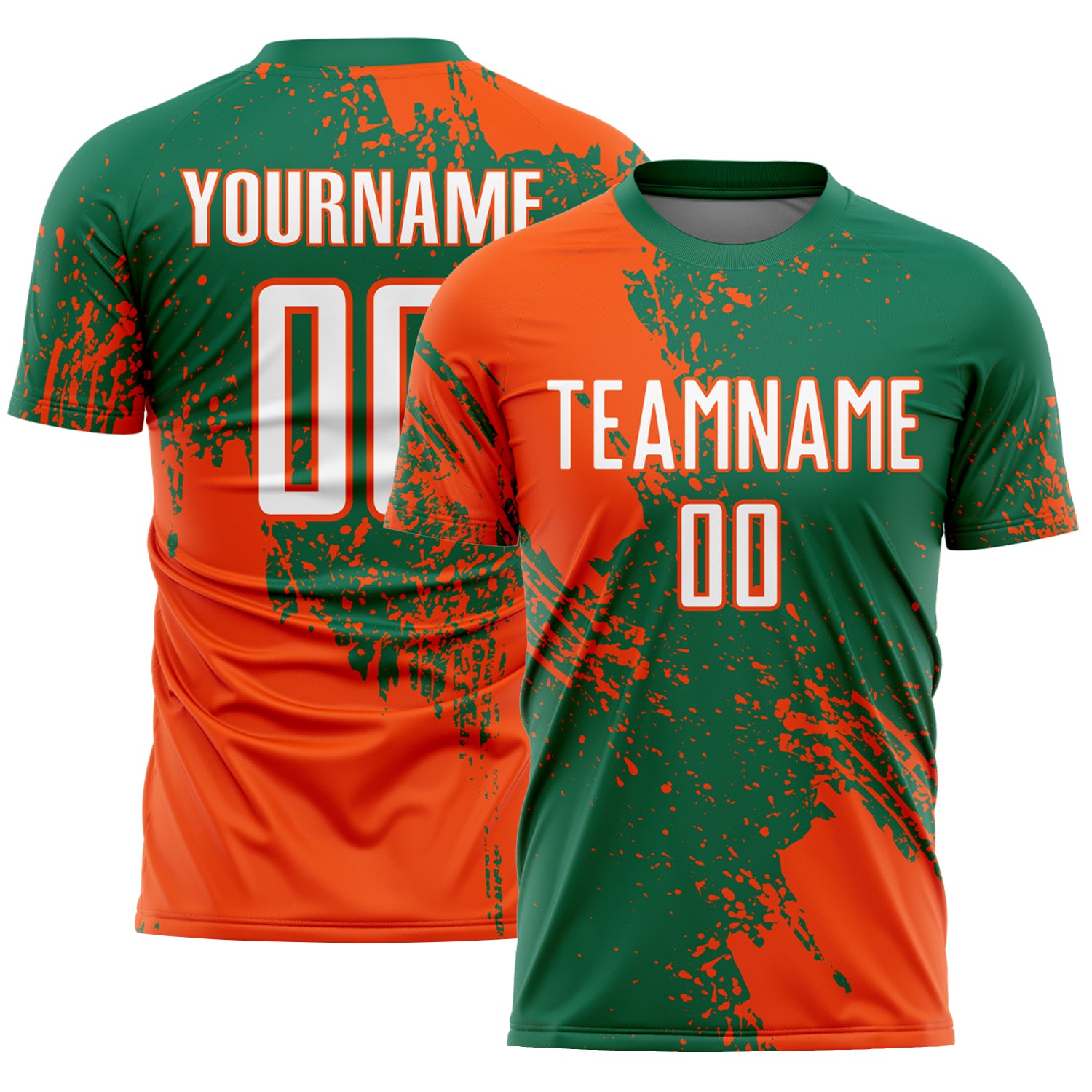 Custom Kelly Green White-Orange Abstract Brush Stroke Sports Sublimation Soccer Uniform Jersey