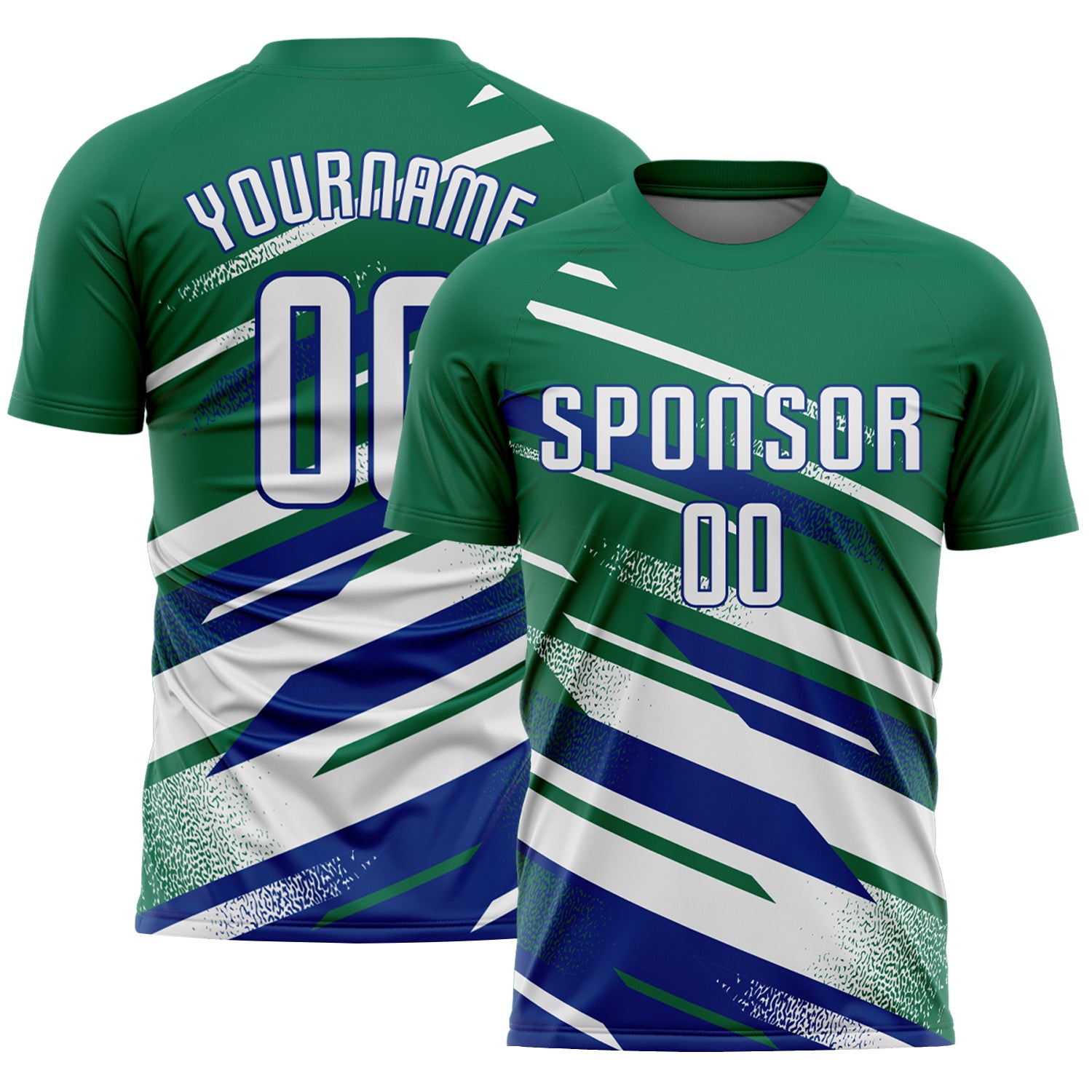 Custom Kelly Green White-Royal Grunge Stripe And Grainy Sports Sublimation Soccer Uniform Jersey