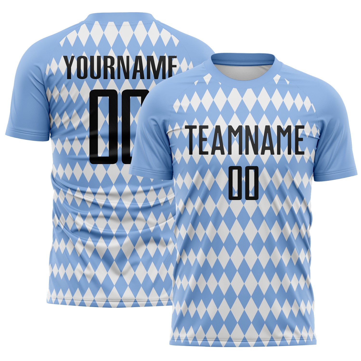 Custom Light Blue Black-White Diamond Harlequin Check Sports Sublimation Soccer Uniform Jersey