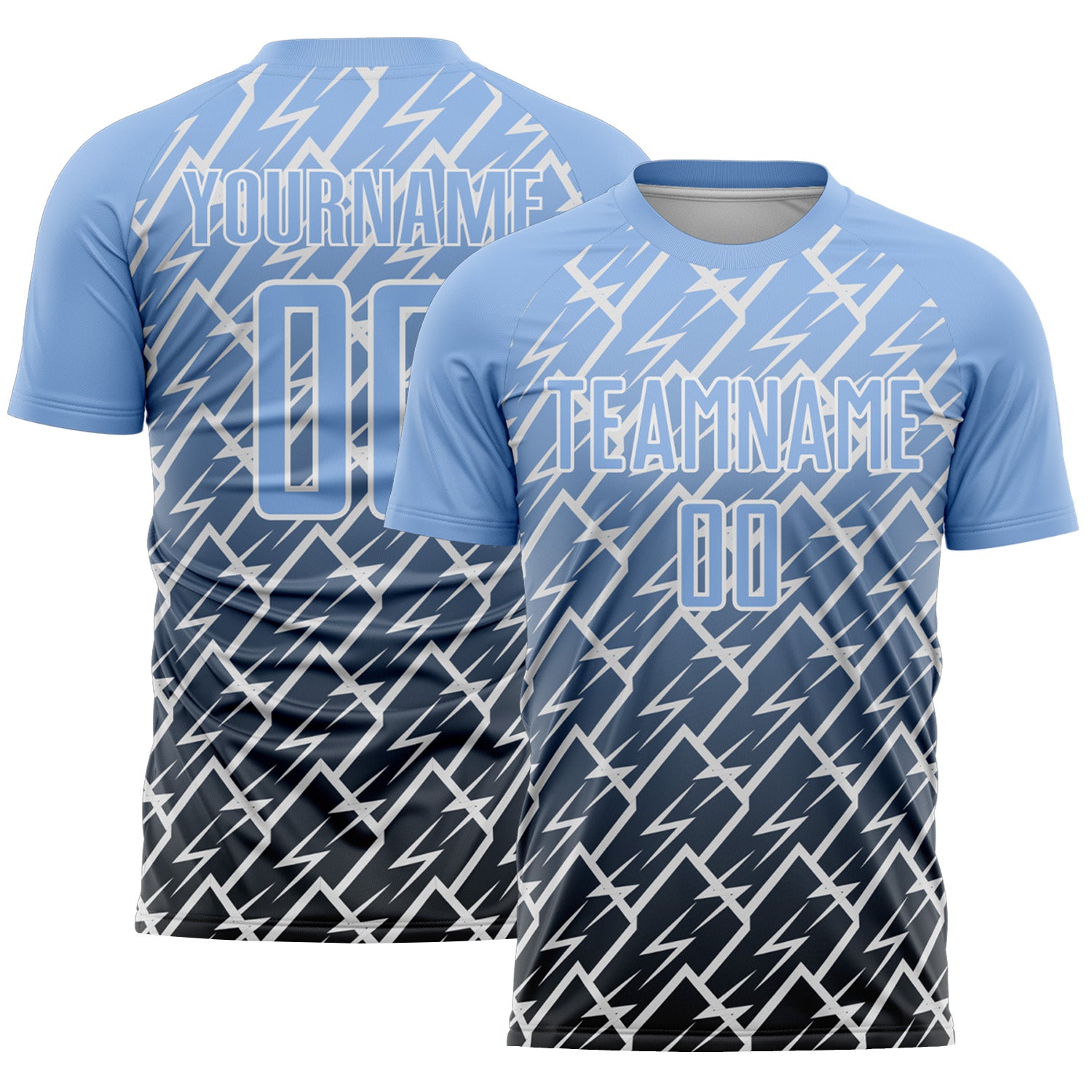 Custom Light Blue Black-White Lightning Sports Sublimation Soccer Uniform Jersey