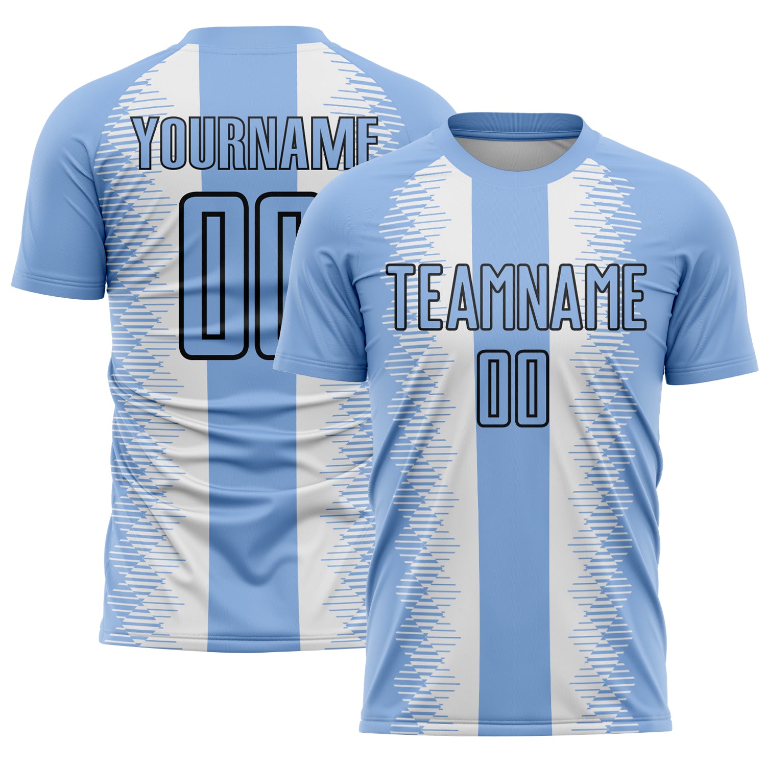Custom Light Blue Black-White Zigzag Diamond Stripe Sports Sublimation Soccer Uniform Jersey