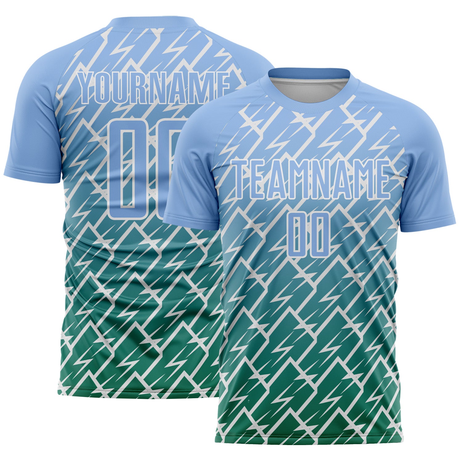 Custom Light Blue Kelly Green-White Lightning Sports Sublimation Soccer Uniform Jersey