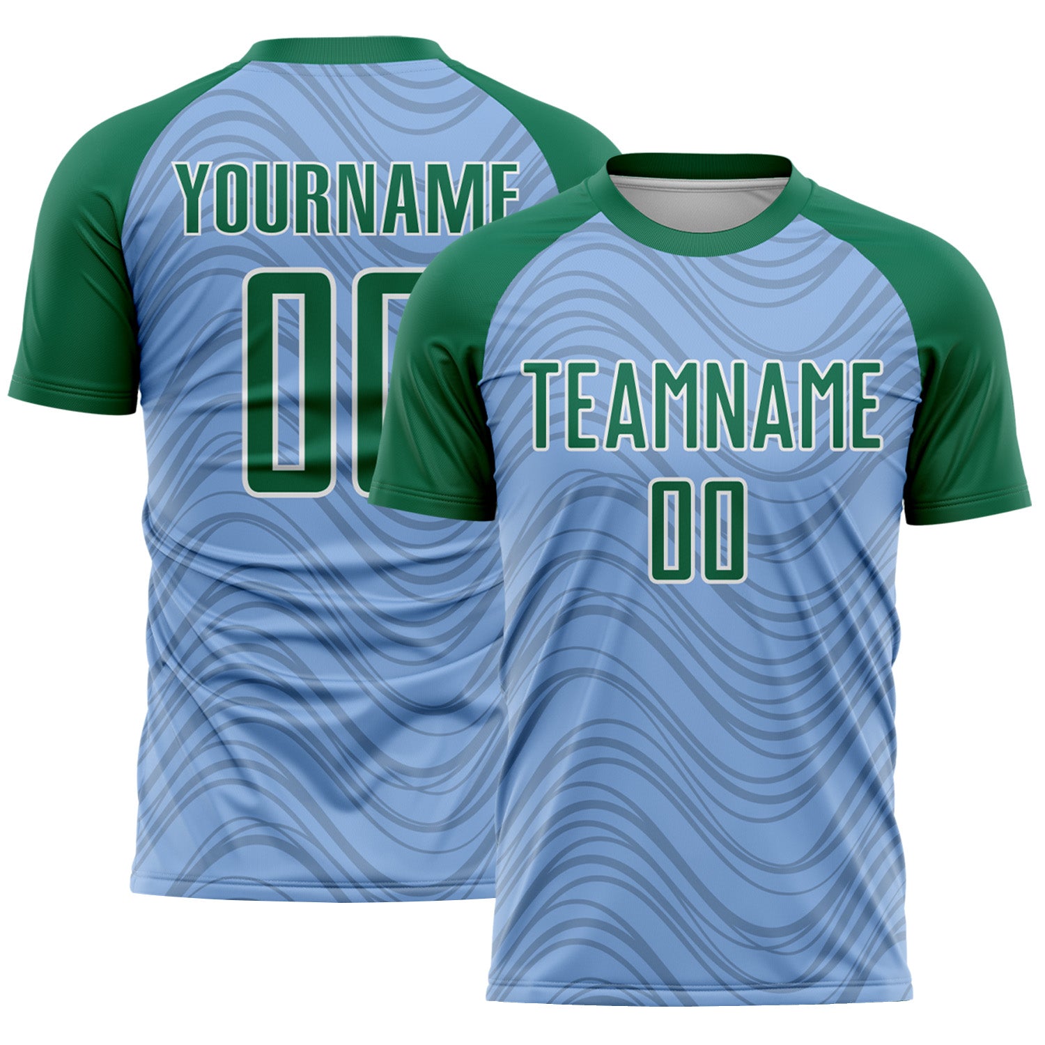 Custom Light Blue Kelly Green-White Wavy Lines Sports Sublimation Soccer Uniform Jersey