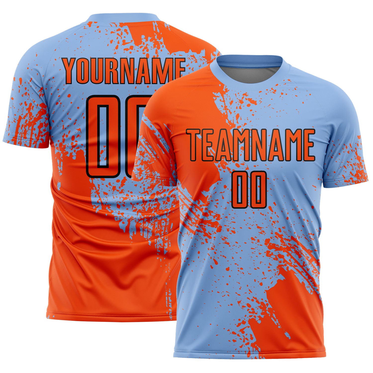 Custom Light Blue Orange-Black Abstract Brush Stroke Sports Sublimation Soccer Uniform Jersey