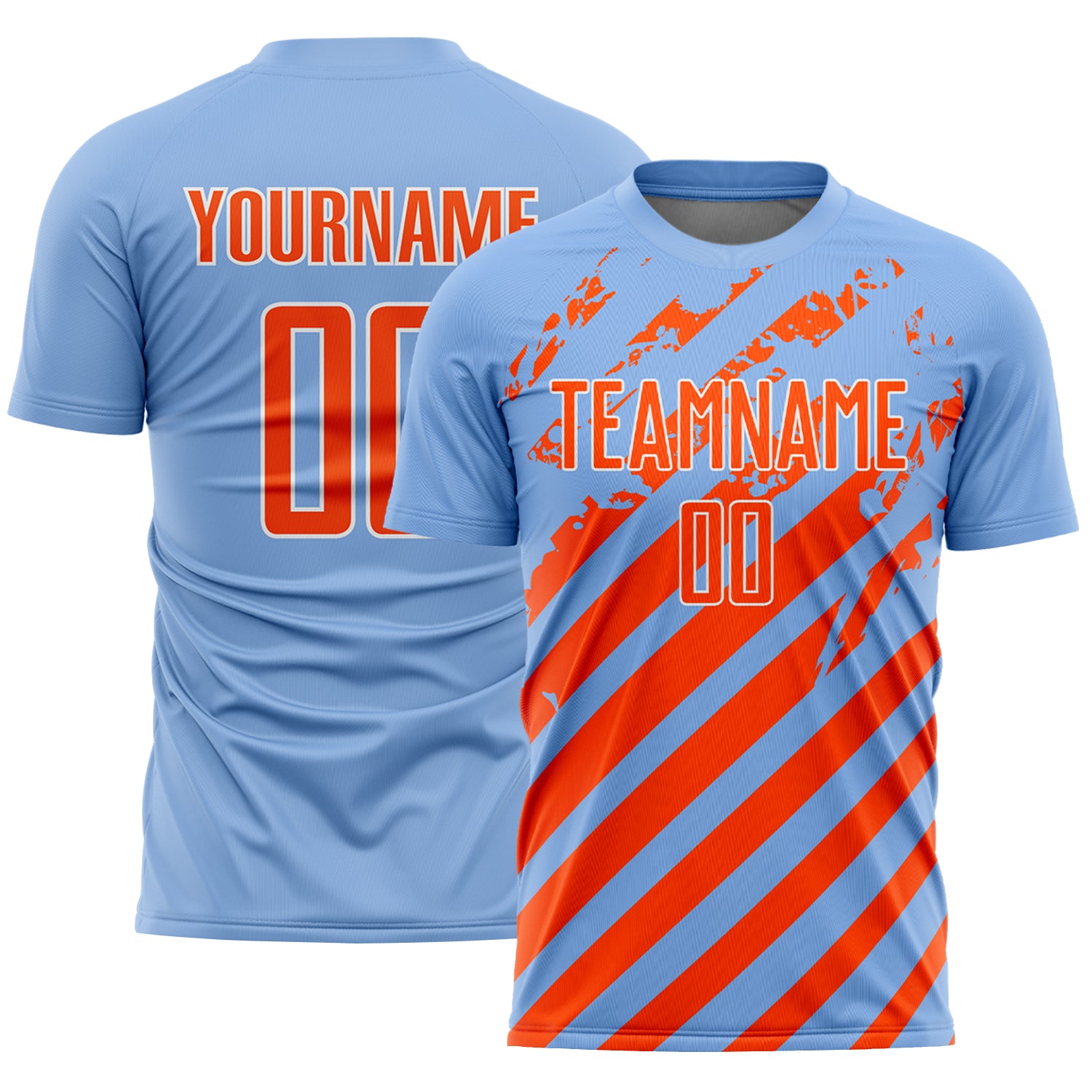Custom Light Blue Orange-White Distressed Diagonal Stripe Pattern Sports Sublimation Soccer Uniform Jersey