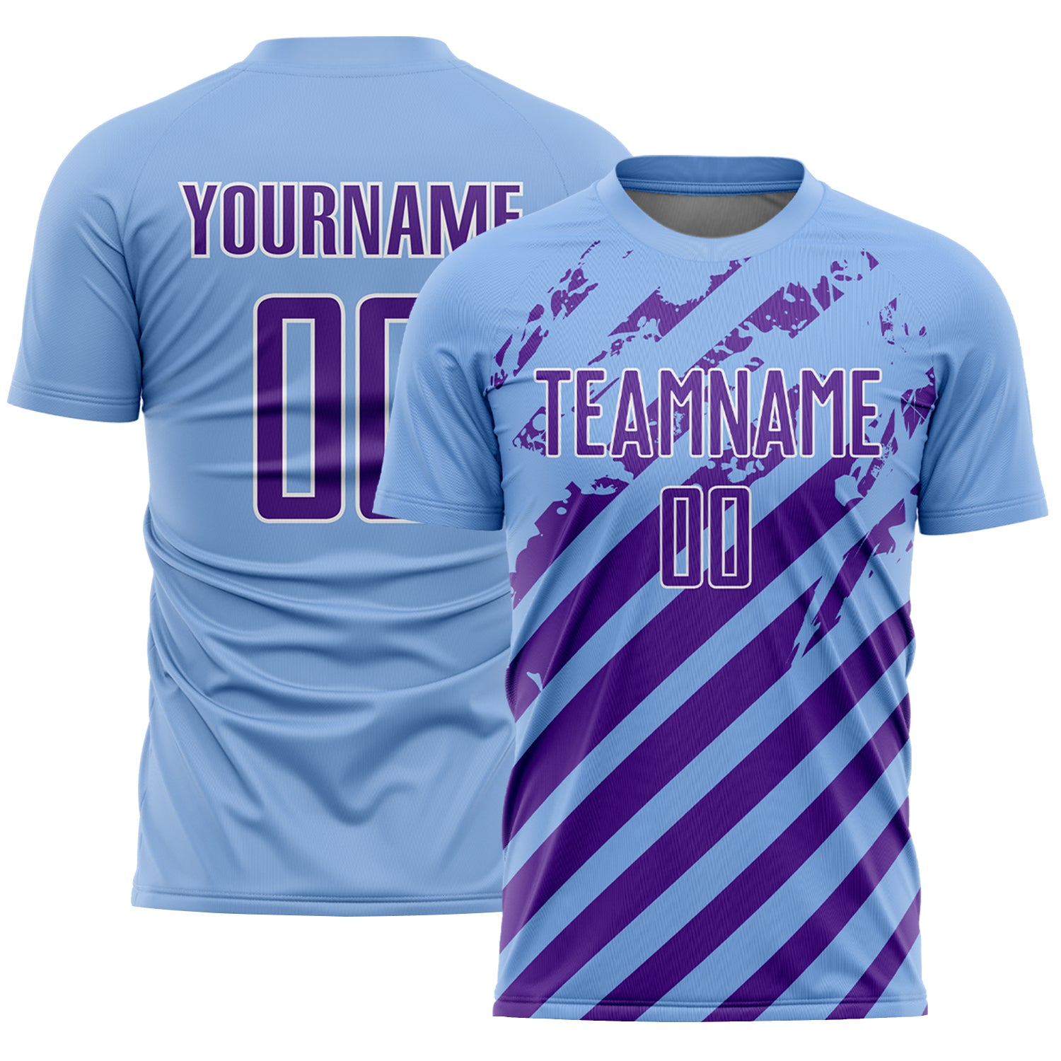 Custom Light Blue Purple-White Distressed Diagonal Stripe Pattern Sports Sublimation Soccer Uniform Jersey