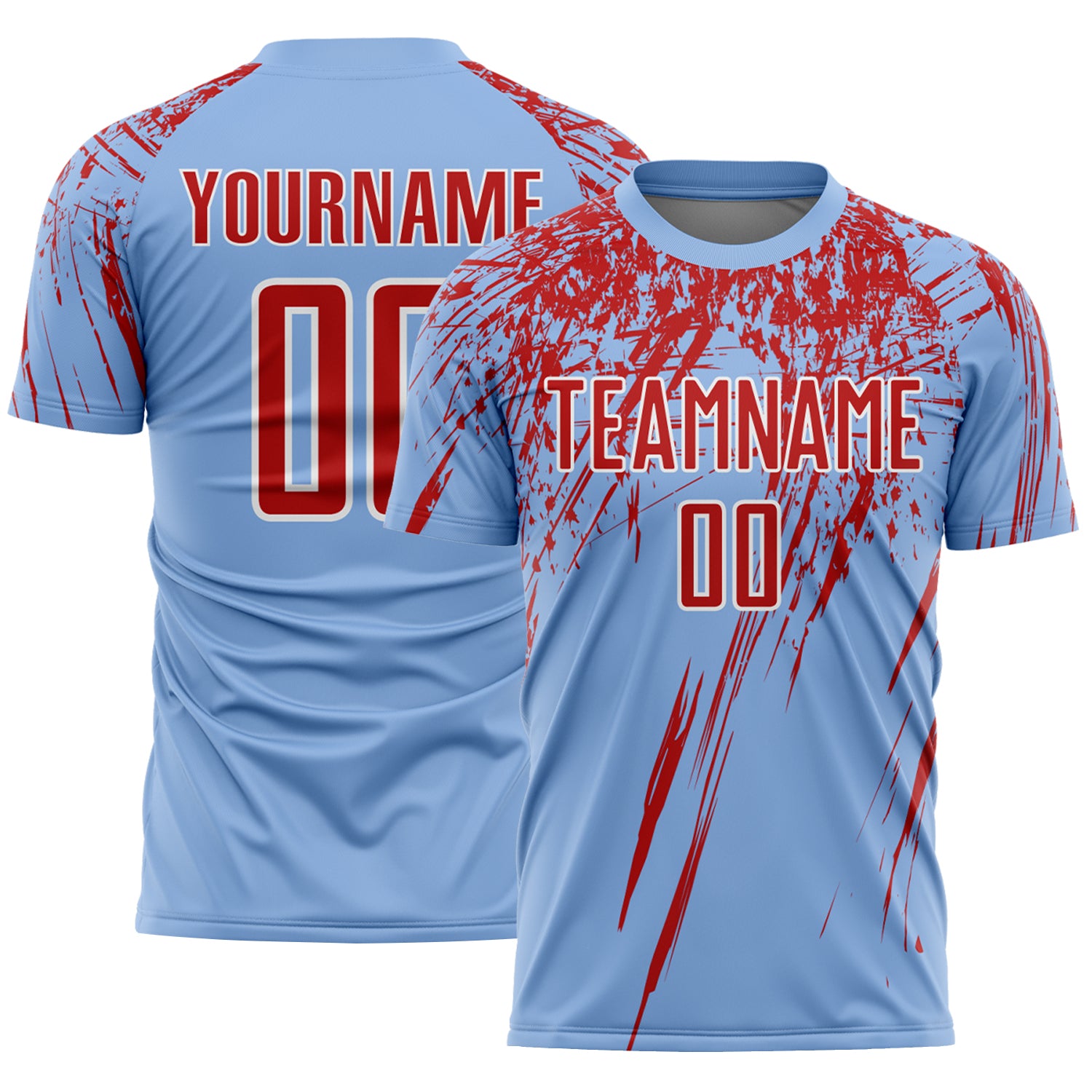 Custom Light Blue Red-White Splash Sports Sublimation Soccer Uniform Jersey