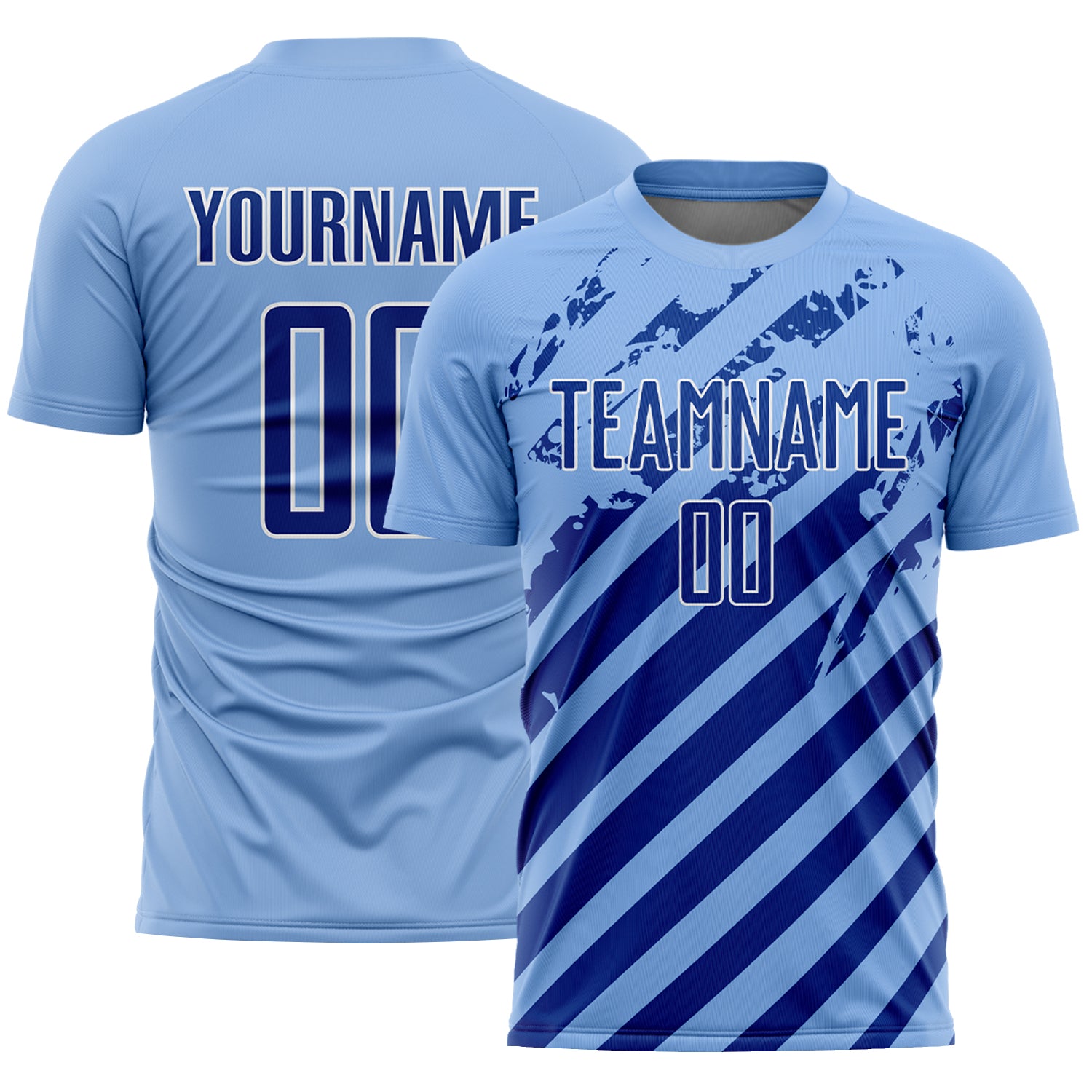 Custom Light Blue Royal-White Distressed Diagonal Stripe Pattern Sports Sublimation Soccer Uniform Jersey