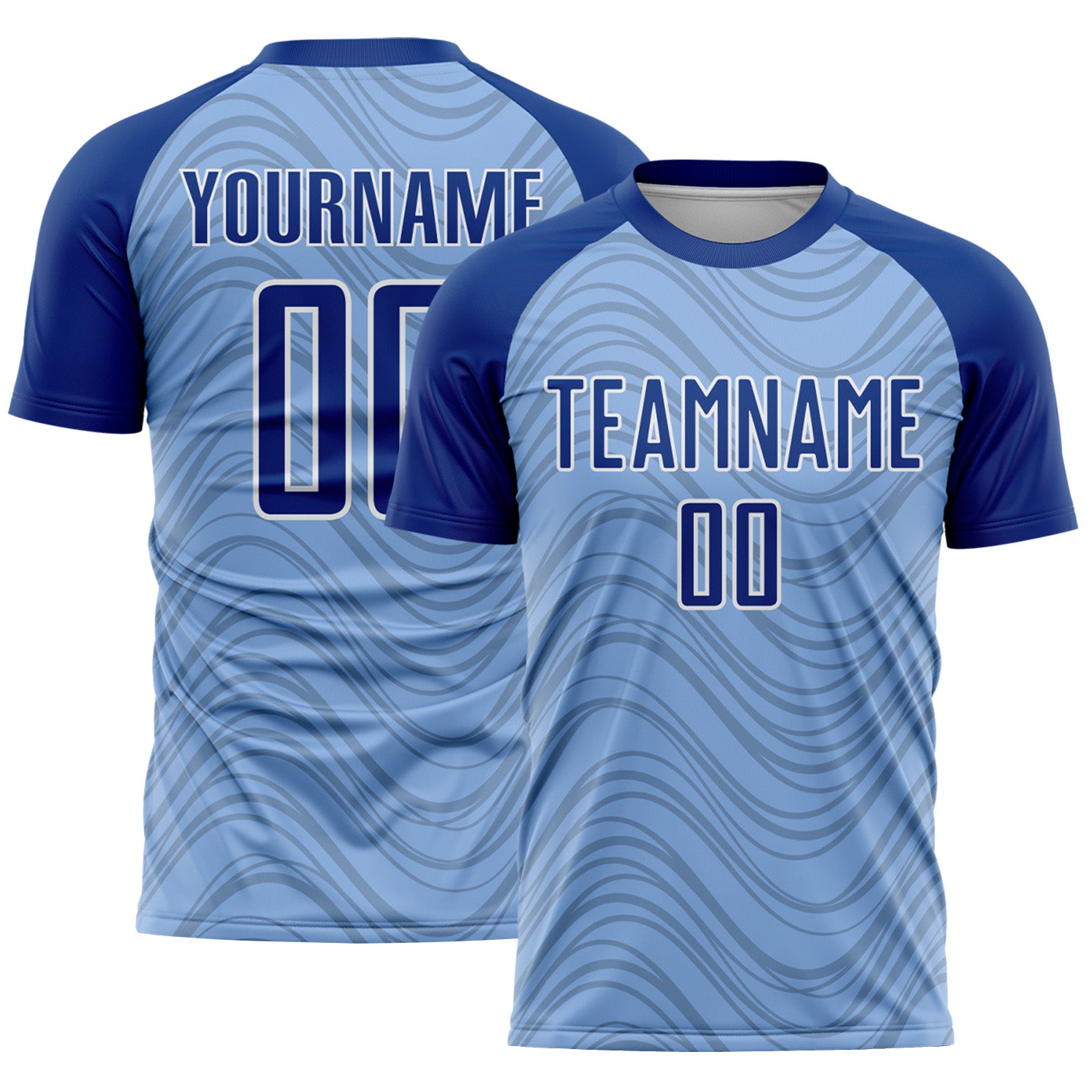 Custom Light Blue Royal-White Wavy Lines Sports Sublimation Soccer Uniform Jersey