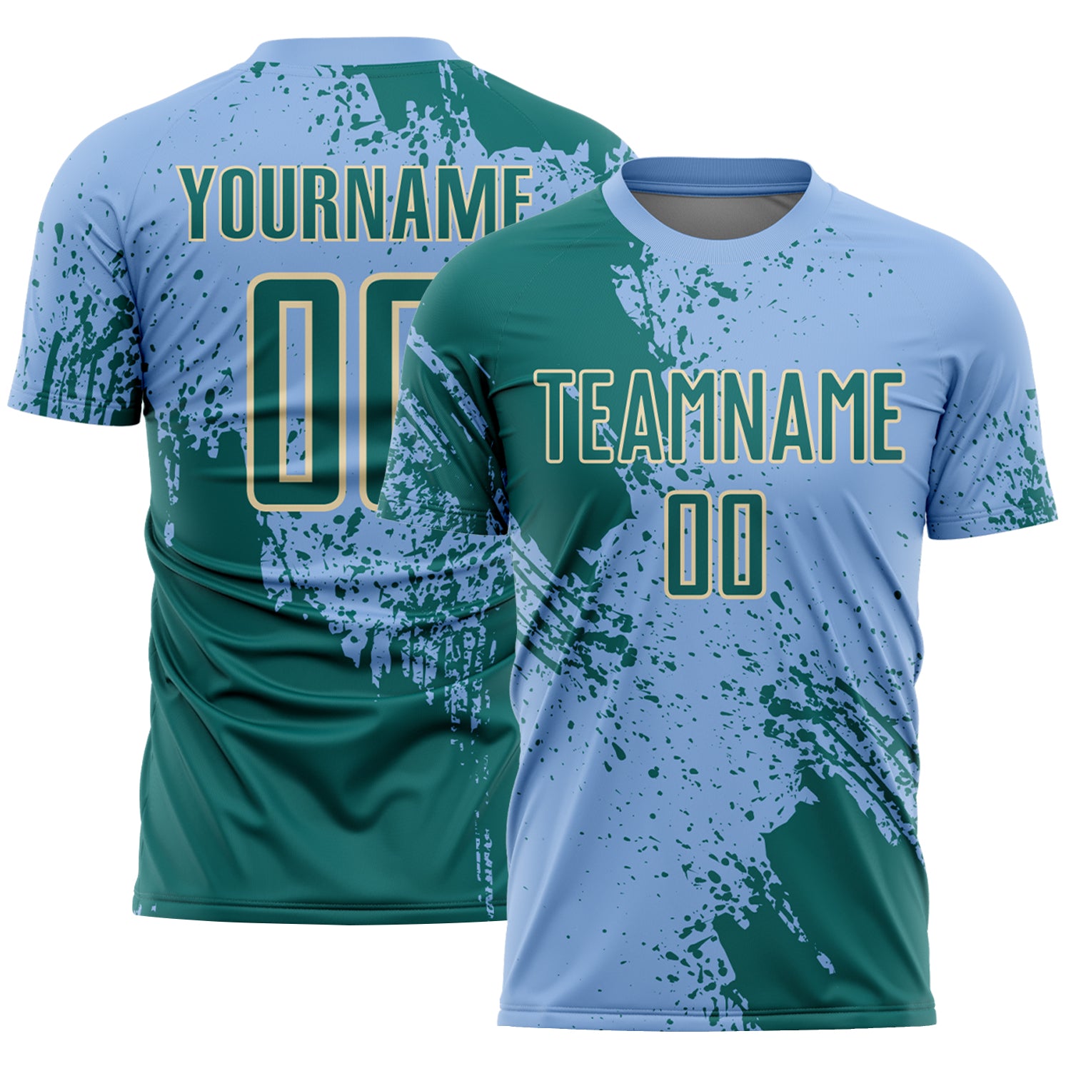 Custom Light Blue Teal-Cream Abstract Brush Stroke Sports Sublimation Soccer Uniform Jersey