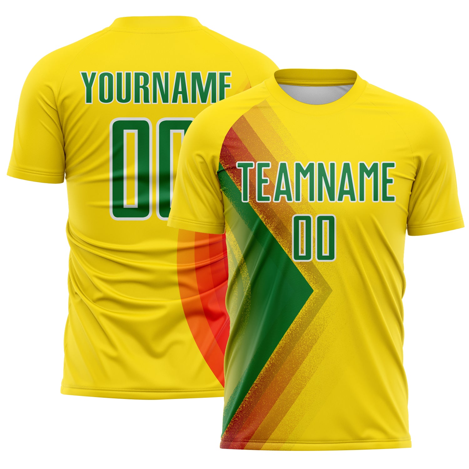 Custom Light Yellow Kelly Green Red-White Brasil Abstract Geometric Sublimation Soccer Uniform Jersey