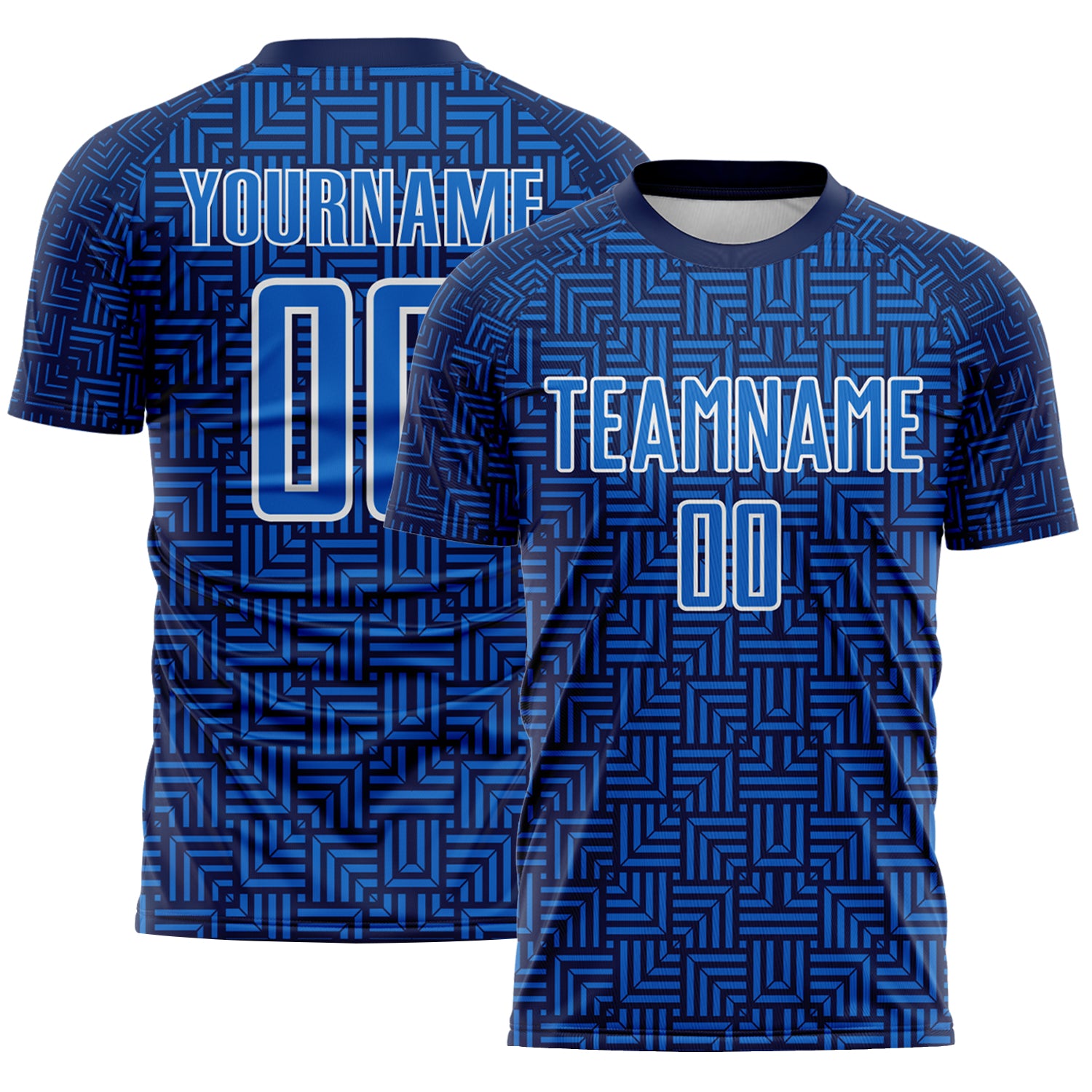 Custom Navy Blue-White Geometric Maze Interlocking Square Sports Sublimation Soccer Uniform Jersey