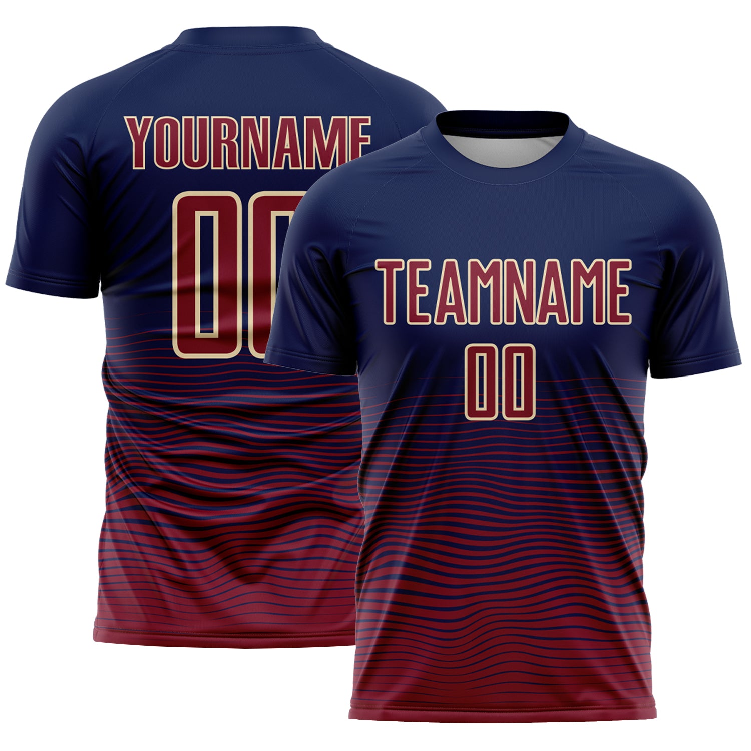 Custom Navy Crimson-Cream Gradient Wave Line Sports Sublimation Soccer Uniform Jersey