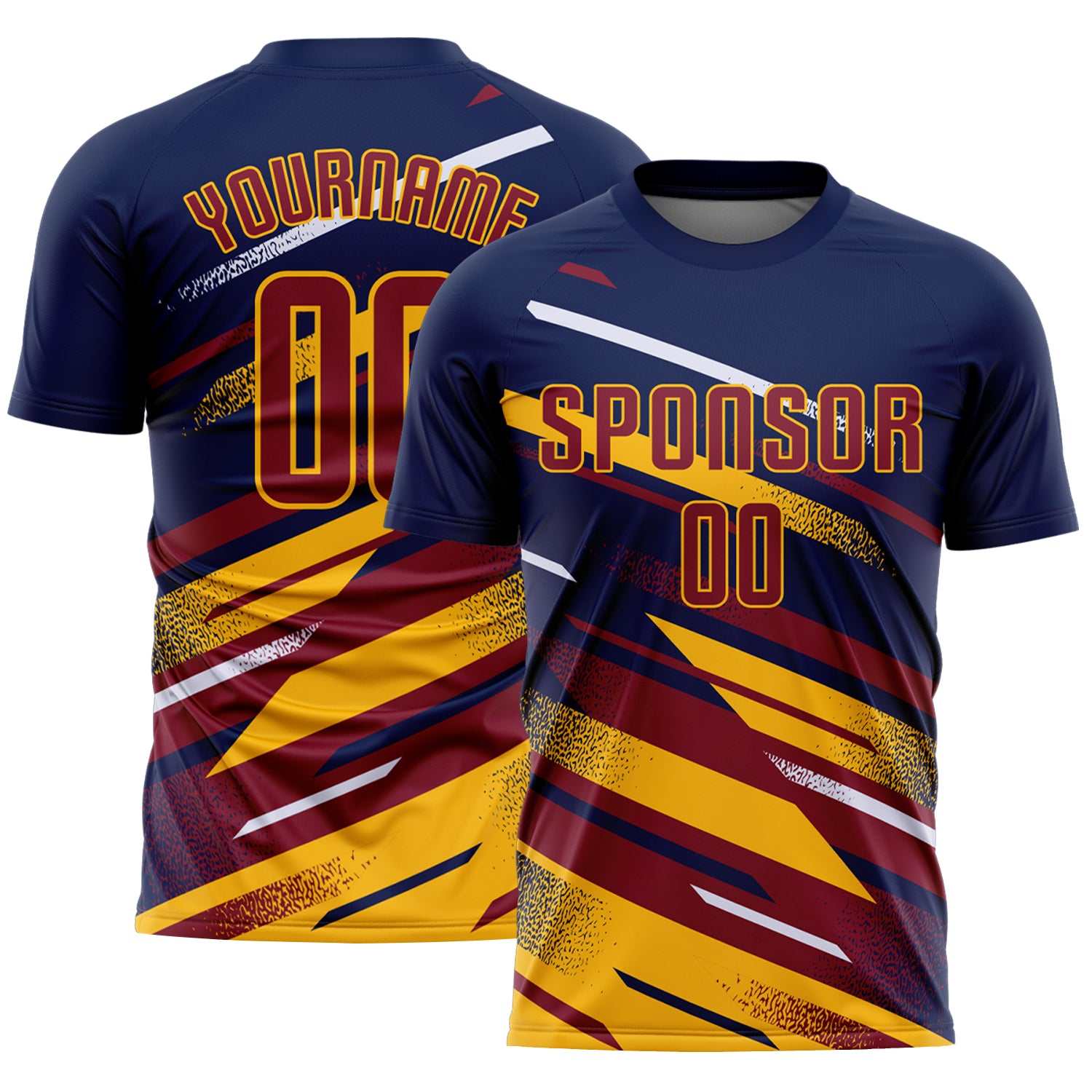Custom Navy Crimson Gold-White Grunge Stripe And Grainy Sports Sublimation Soccer Uniform Jersey