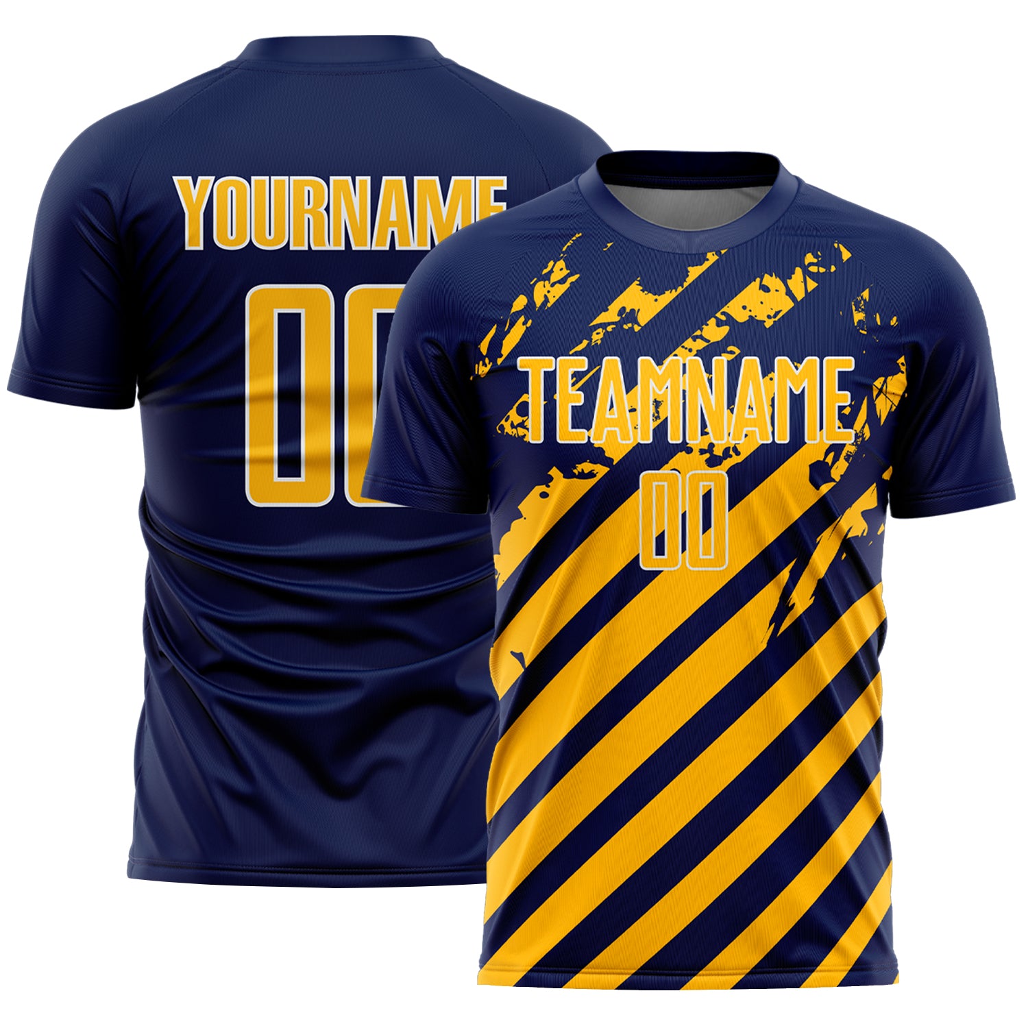 Custom Navy Gold-White Distressed Diagonal Stripe Pattern Sports Sublimation Soccer Uniform Jersey