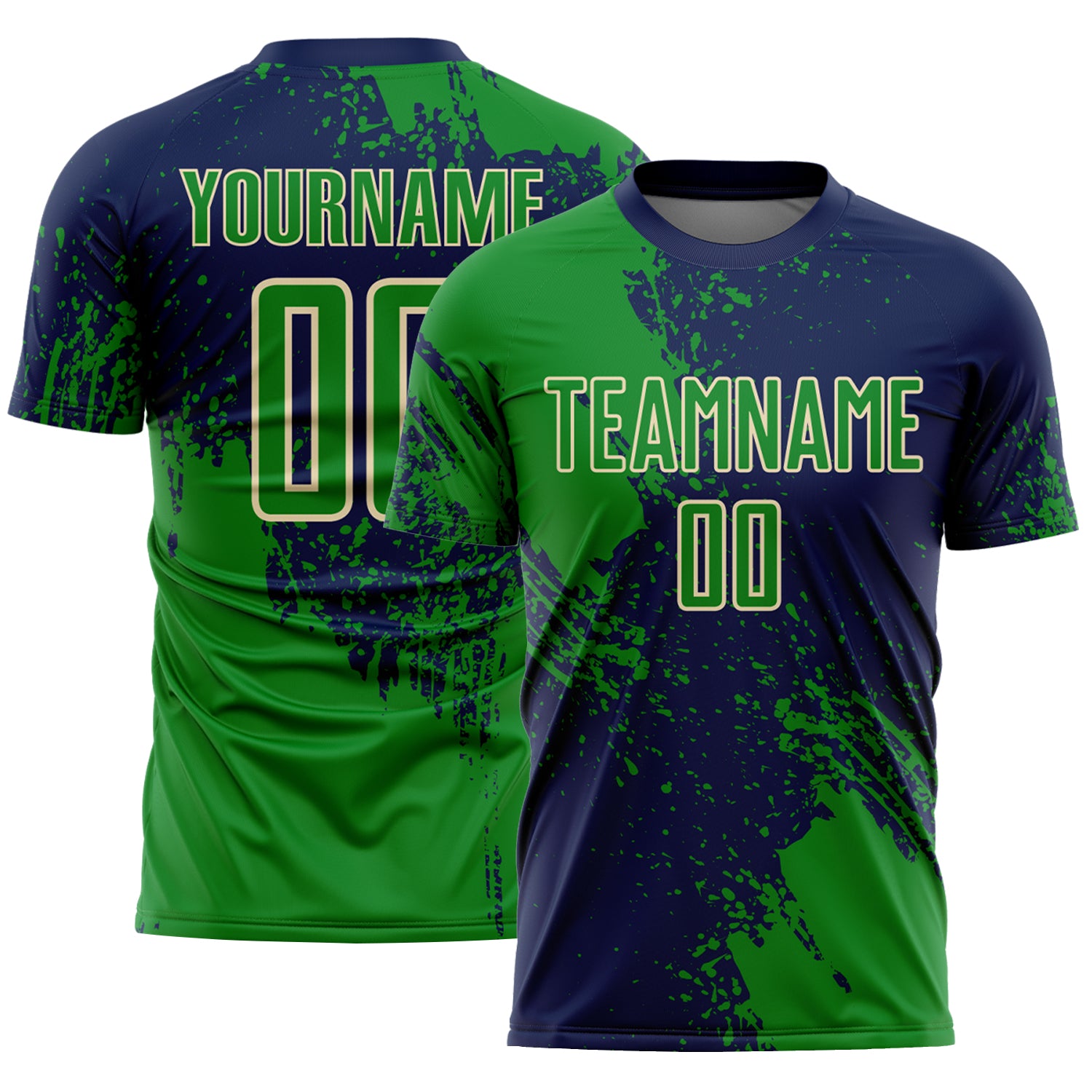 Custom Navy Grass Green-Cream Abstract Brush Stroke Sports Sublimation Soccer Uniform Jersey